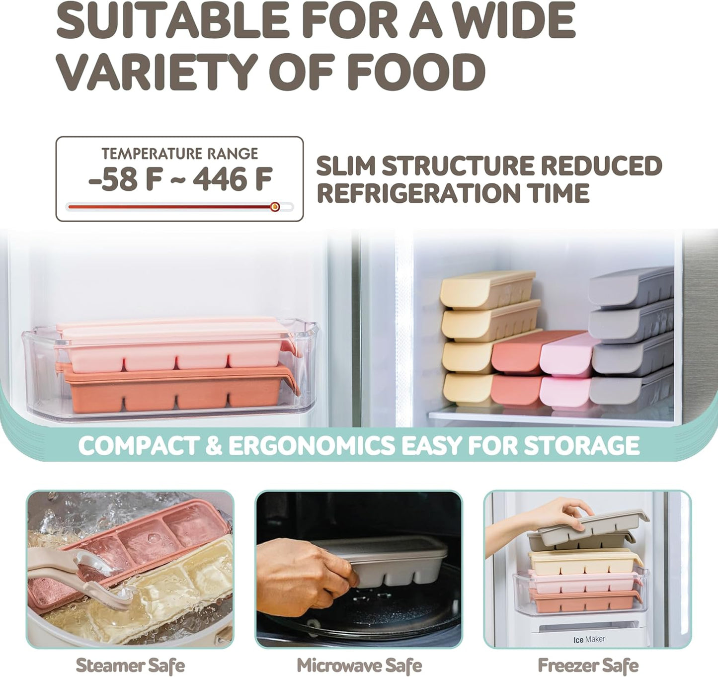 4 Section-1.7oz Gray 100% Food Grade Silicone Ice Cube Tray Food Container with Airtight Locking Lid, Fruit Vegetable Purees, Breastmilk Storage for Baby & Toddler Food | BPA Free Korea Made