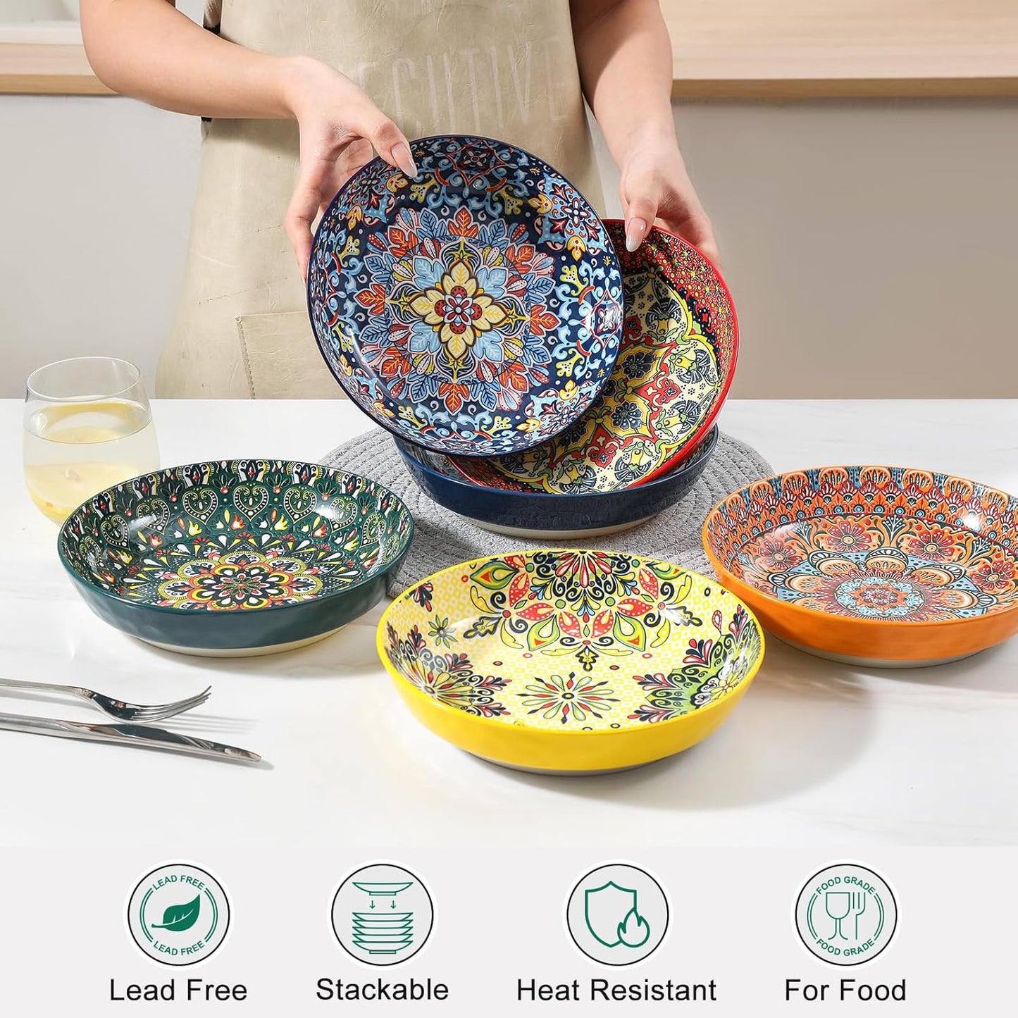 KitchenTour Pasta Bowls Set of 6-30 oz Large Wide & Shallow Serving Bowl, Colorful Ceramic Salad Bowls for Everyday Dining - 8.2 Inch, Microwave and Dishwasher Safe, Bohemian Style