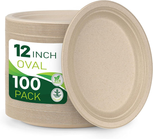 100PCS 100% Compostable Original Oval Paper Plates(12in), Heavy Duty Disposable Plates, Eco-Friendly Dinner Plates, Biodegradable Salad, Meal, Dessert Plates, Perfect for Parties, Picnic, BBQ