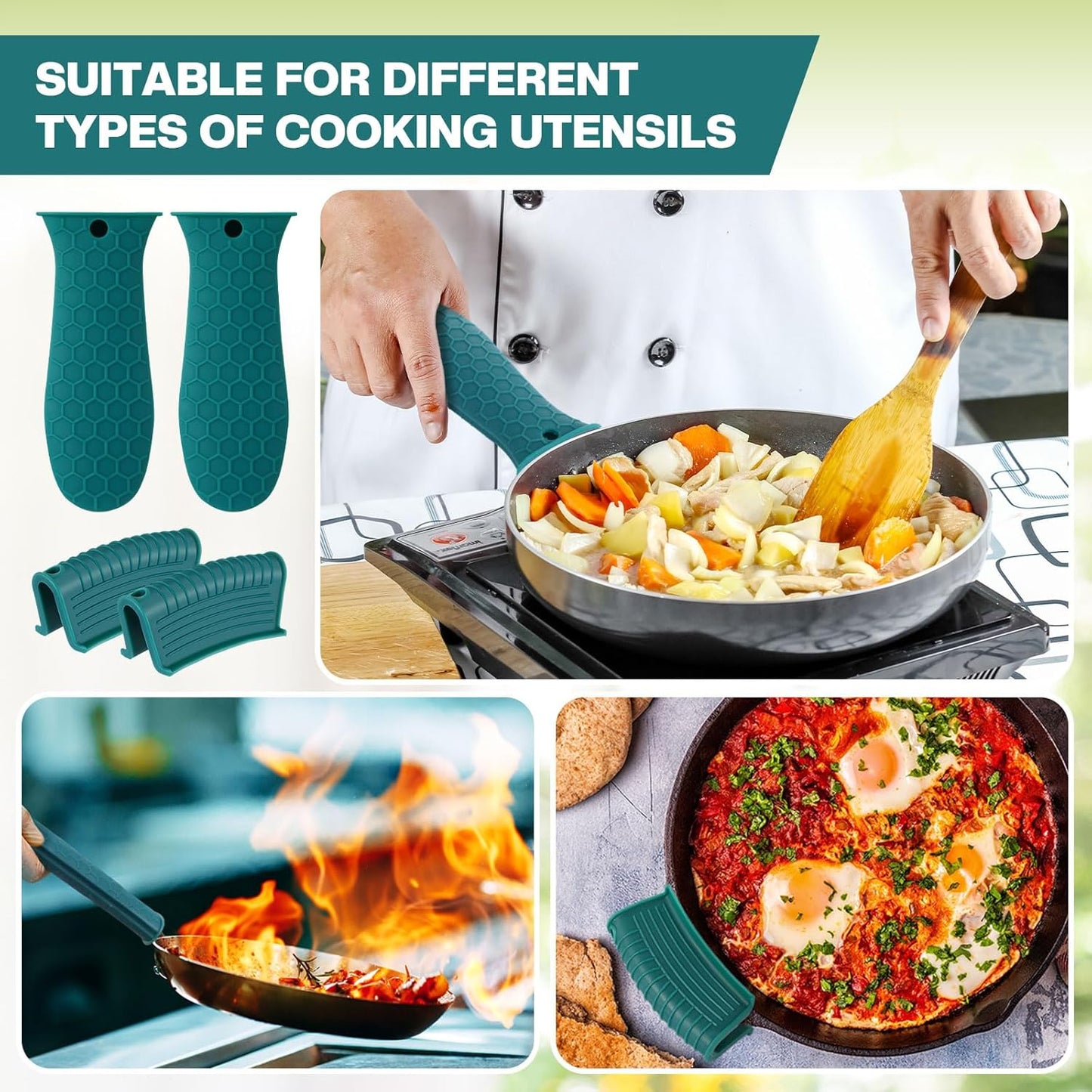 Patelai 8 Pcs Silicone Pot Holders Set Cast Iron Handle Cover Heat Resistant Pot Handle Covers Potholder Non Slip Reusable Pan Sleeve for Frying Pan Kitchen Supplies(Green)