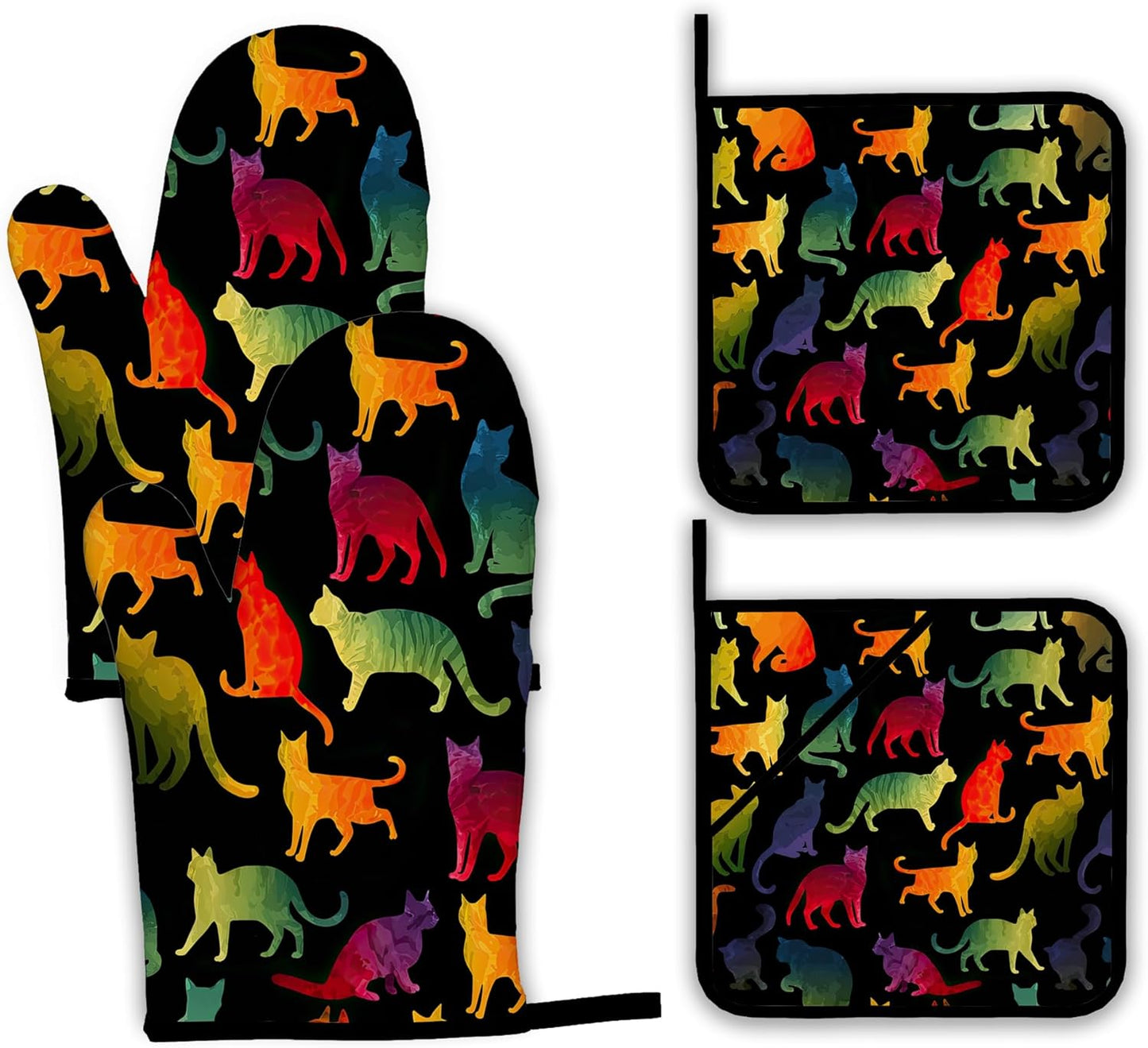 Funny Colorful Cat Oven Mitts and Pot Holders Set,Kitchen Decor Heat Resistant Non Slip Hot Pads and Oven Mitt for Chef Cooking Baking BBQ Mom Girl Gifts(4 Piece Set)