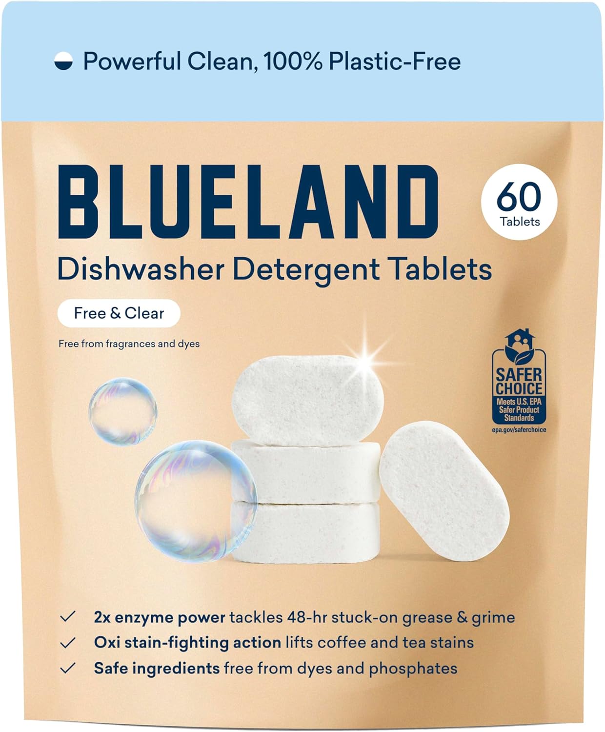 BLUELAND 100% Plastic-Free Dishwasher Detergent Tablets, 60 Count, Free & Clear, Eco-Friendly Dishwashing Pods, Natural, USDA Certified biobased