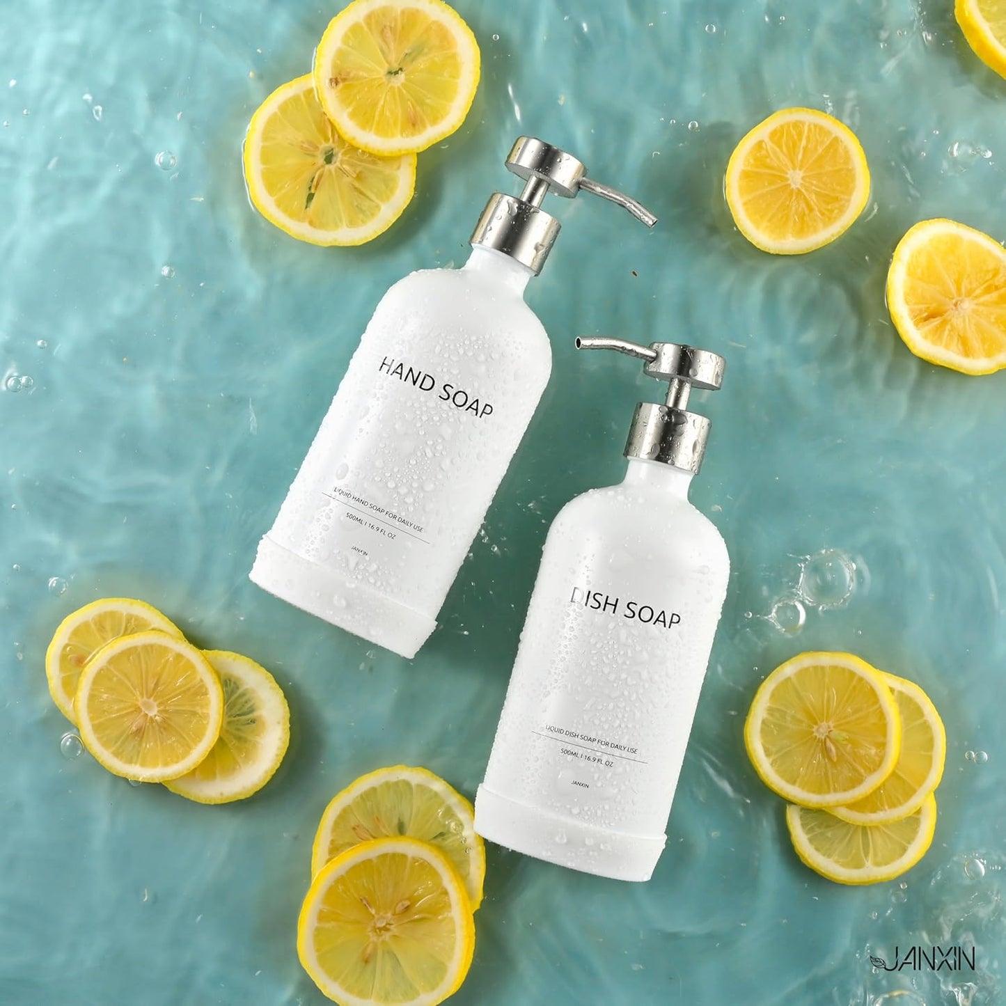 Glass Kitchen Soap Dispenser Set with Ceramic Tray,16.9 floz Hand and Dish Soap Dispenser for Kitchen and Bathroom Decor,White and Silver Kitchen Accessories(White Bottles + Silver Pumps)