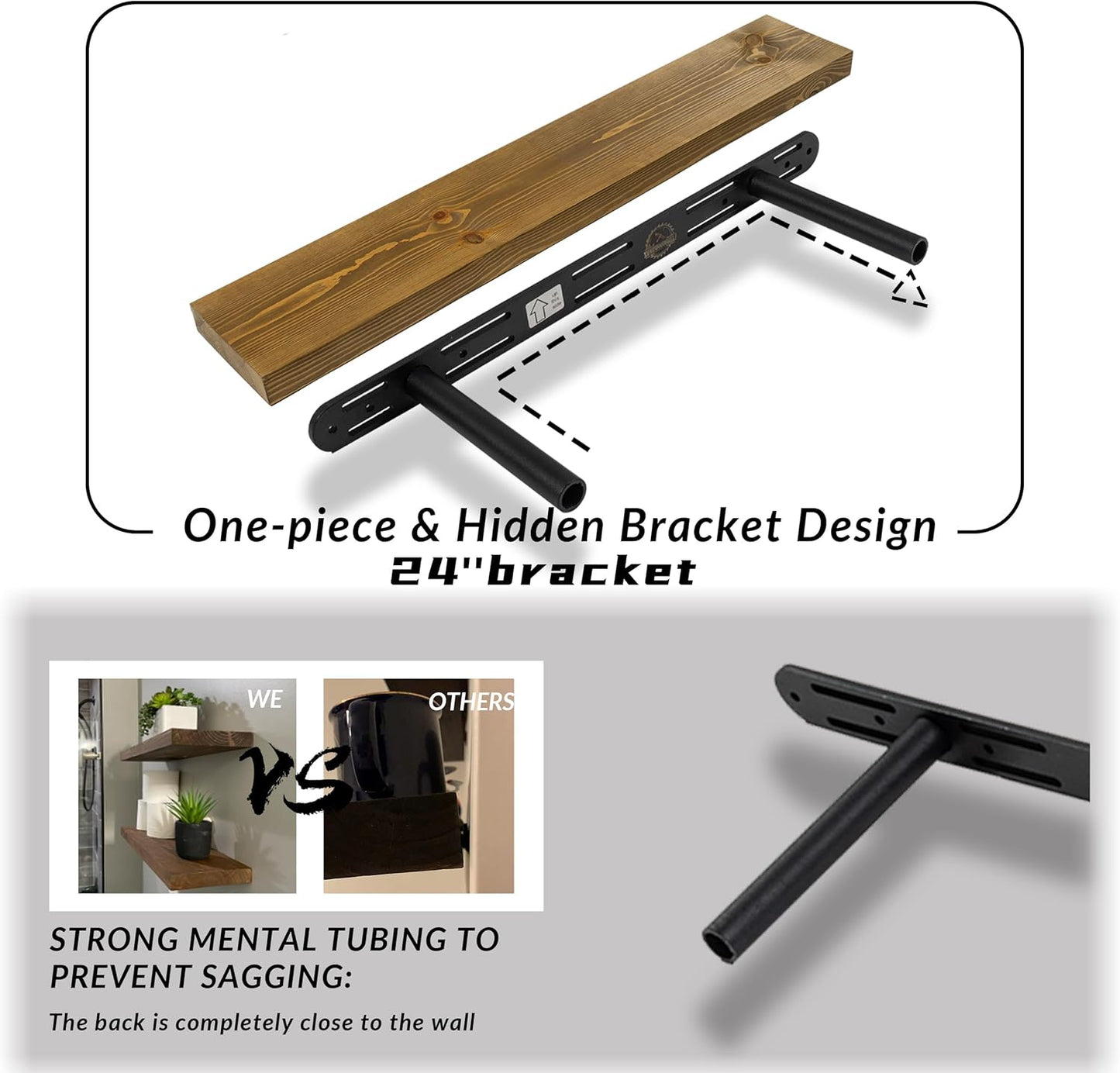 Rustic Floating Shelves 24 inch Long 8 inch deep Set of 2, Solid Wood Wall Shelves for Bathroom Living Room Kitchen,Book Shelf for Wall, Wall Mounted Shelves with Hidden Bracket- Walnut