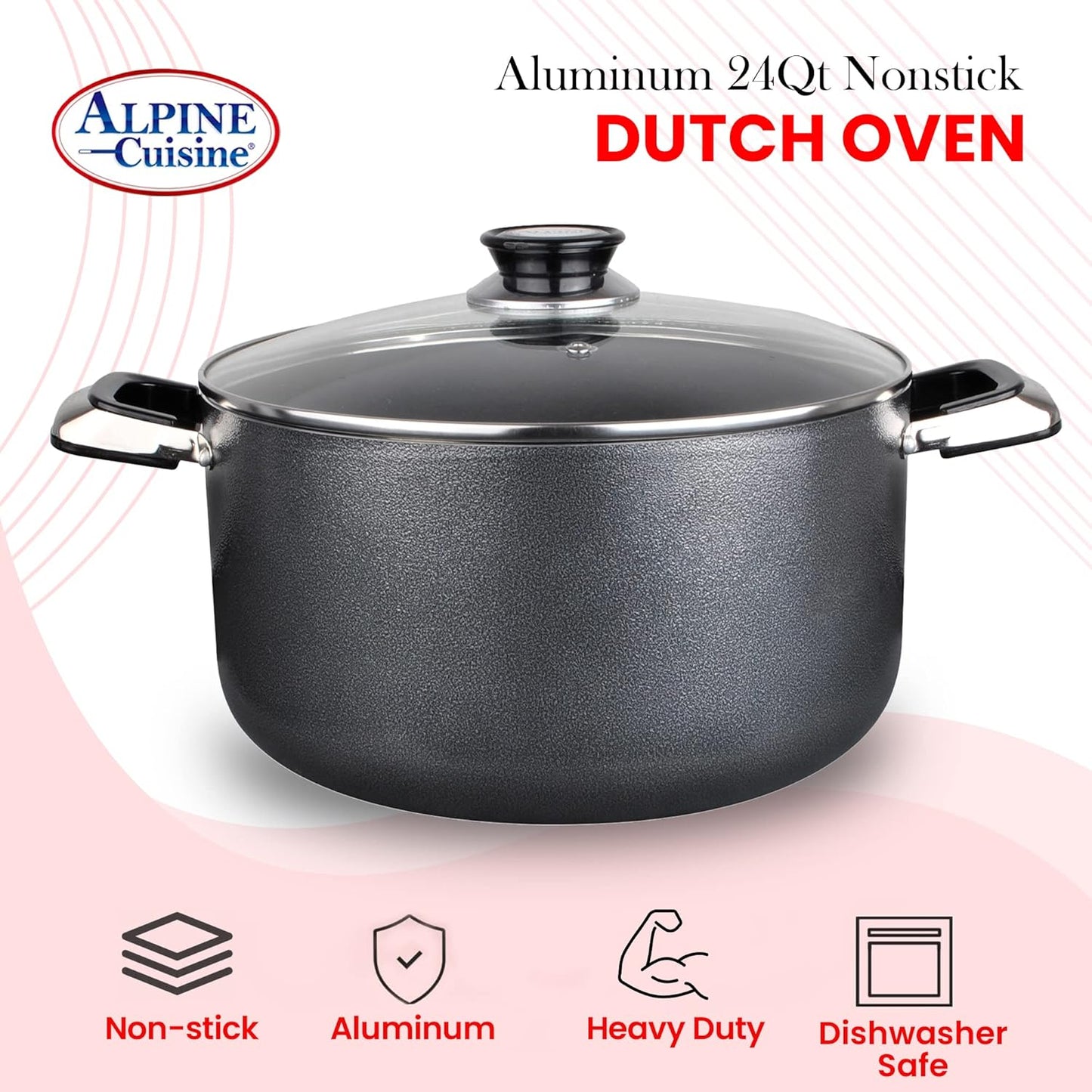 Alpine Cuisine 24 Quart Non-stick Stock Pot with Tempered Glass Lid and Carrying Handles, Multi-Purpose Cookware Aluminum Dutch Oven for Braising, Boiling, Stewing
