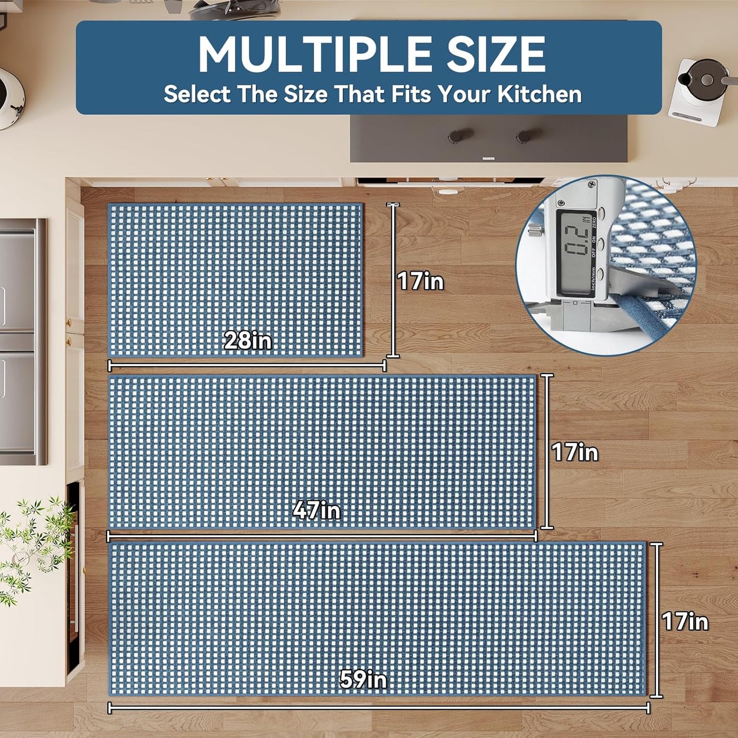 Kitchen Rugs Non Slip Washable, Rubber Backing Soft Chenille Braided Kitchen Mats for Floor, Super Absorbent Kitchen Runner Rug Standing Mat Sink Mat, Easy to Clean, Blue 17"x47"