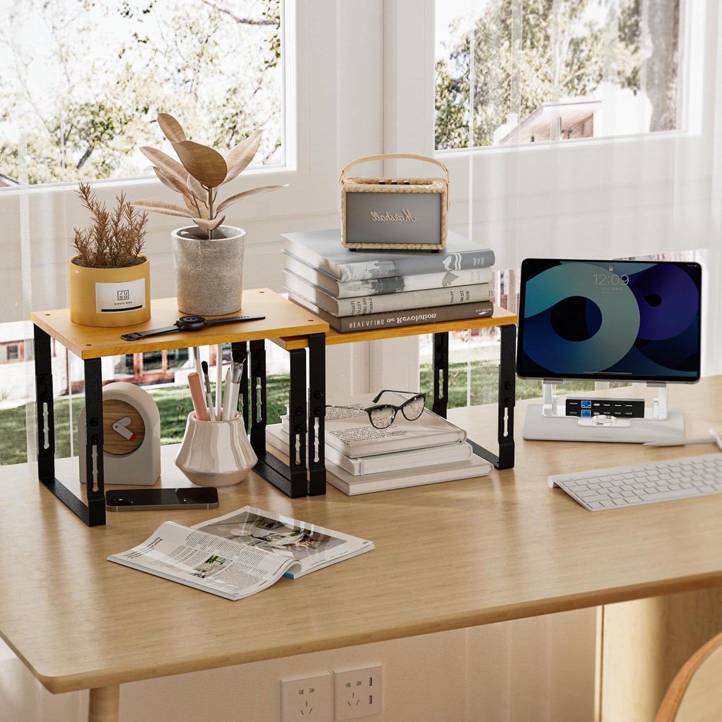 Expandable Kitchen Cabinet Organizer Shelves – Stackable Adjustable Metal and Wood Storage Racks for Countertop, Pantry, Garage Set of 2 Spice Rack – Easy Assembly, Space-Saving(1 Pack/Medium/Black)