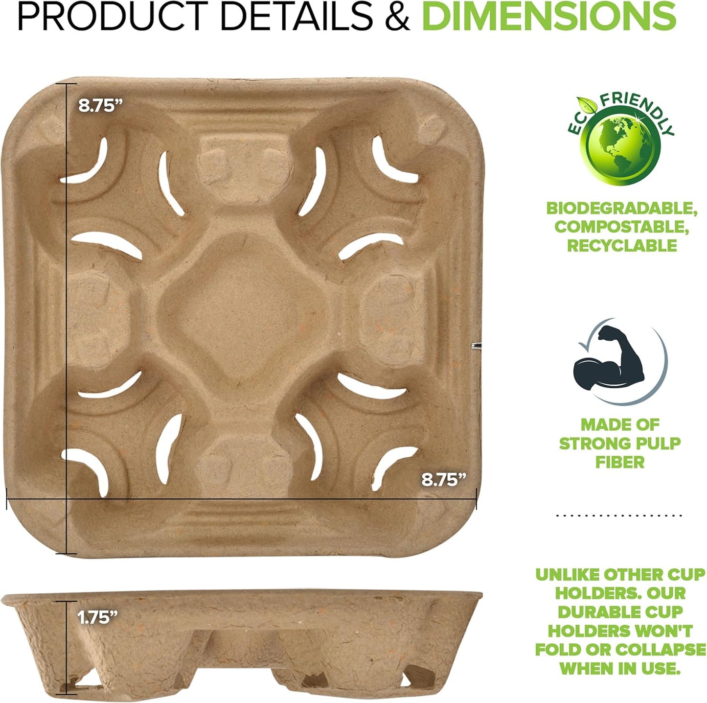 4 Cup Disposable Coffee Tray (300 Count), Commercially Compostable Cup Holder, Durable Drink Carrier for Hot or Cold Drinks, to Go Coffee Cup Holder for Food Delivery Service