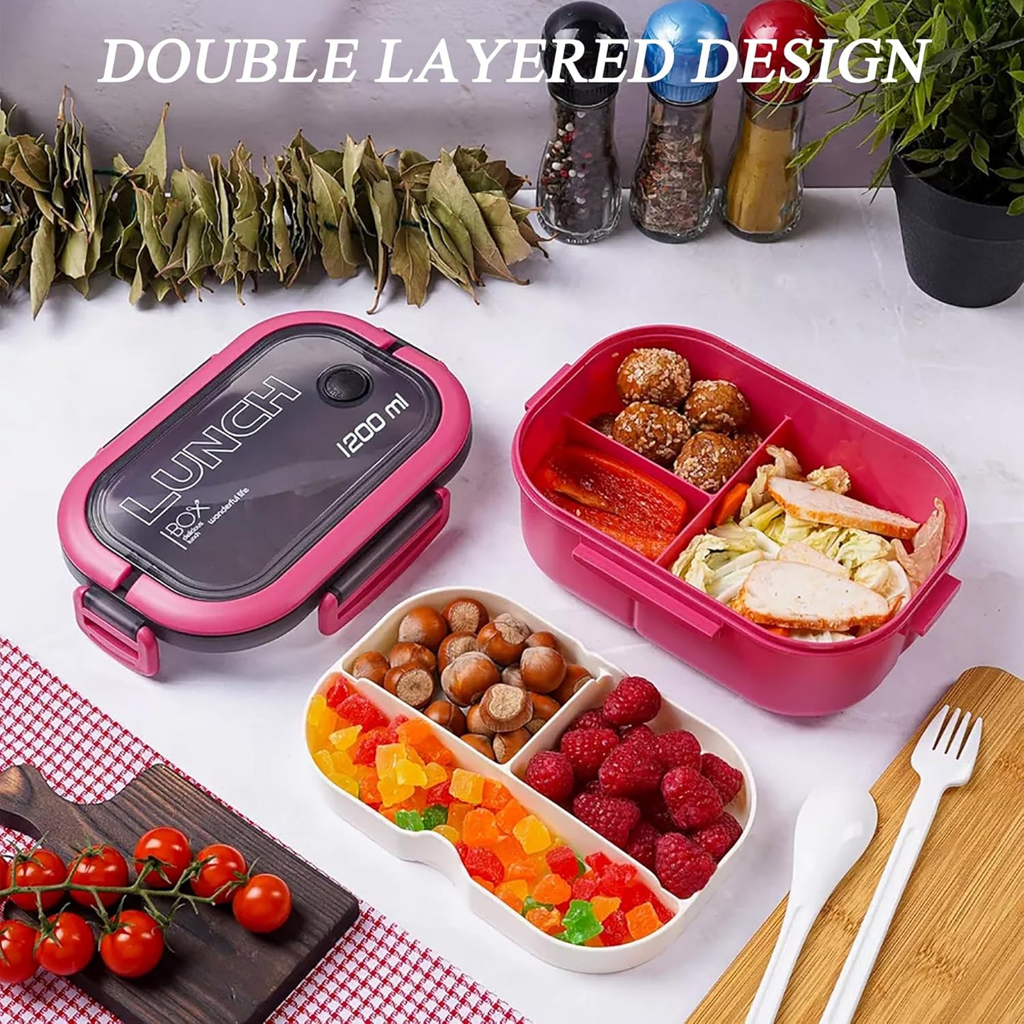 Bento Box Adult, Lunch Box for Men and Women, 1200ML Leak-proof Double-layered with Handle Lunchbox, Reusable BPA-Free Lunch Container, Microwave/Dishwasher Safe, Snack Box with Cutlery Set, Pink