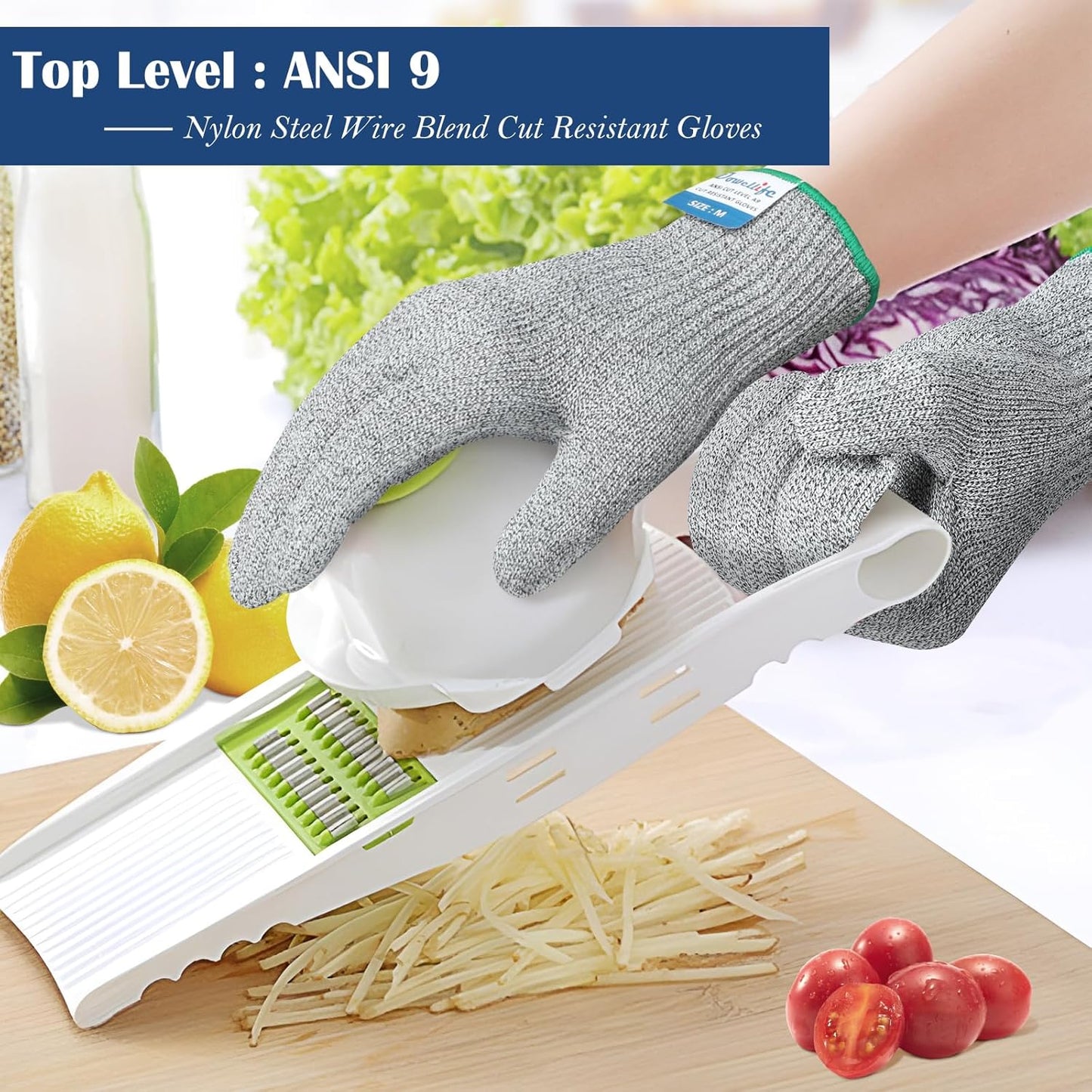 Dowellife Soft Level 9 Cut Resistant Gloves Food Grade, Steel Wire Mixed Kitchen Safety Gloves for Chef Oyster Shucking Mandoline Knife Butcher Meat Cutting Carving (X-Large)