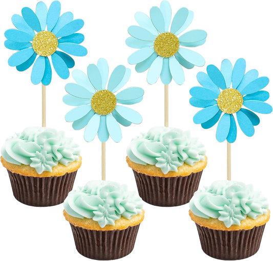 Ephlyn 24Pcs Daisy Cupcake Toppers Flower Cake Topper Decorations Daisy Cake Decorations Chrysanthemum Cupcake Toppers Spring Daisy Flower Cake Picks for Birthday Wedding Supplies Blue