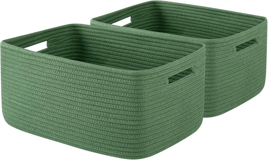 OIAHOMY Storage Basket for Shelves, Closet Cube Storage Bins Baskets for Clothes Blanket Towels, Baby Nursery, Toy Baskets Box, Woven Rope Basket, 15.75*11.81*7.09 IN, 2 Packs Olive Green
