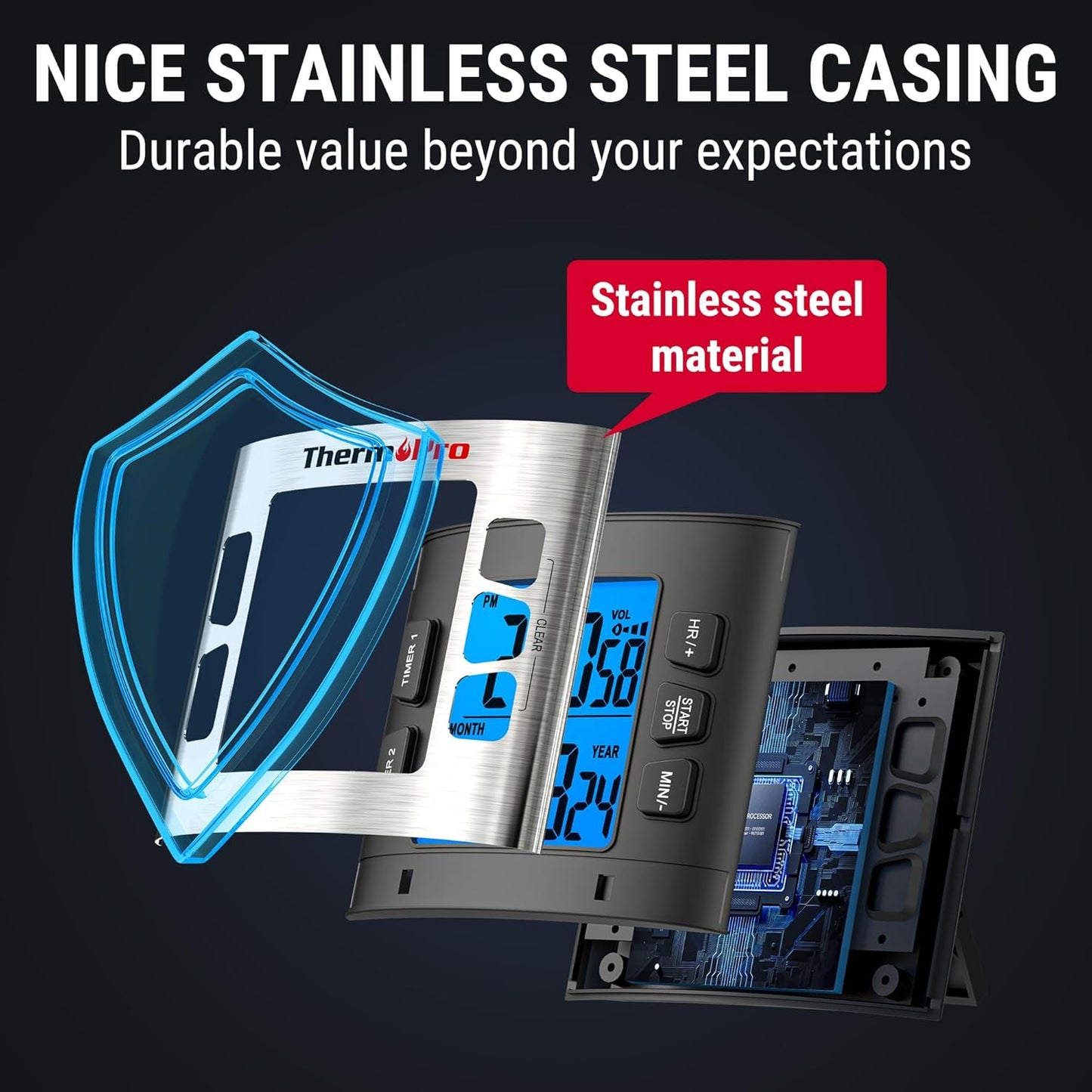 ThermoPro TM02 24 Hours Digital Timer with Dual Kitchen Timers for Cooking, Stop Watches Magnetic Timer Clock with Adjustable Alarm Volume & LCD Backlit Display, Classroom Timer for Kids & Teachers