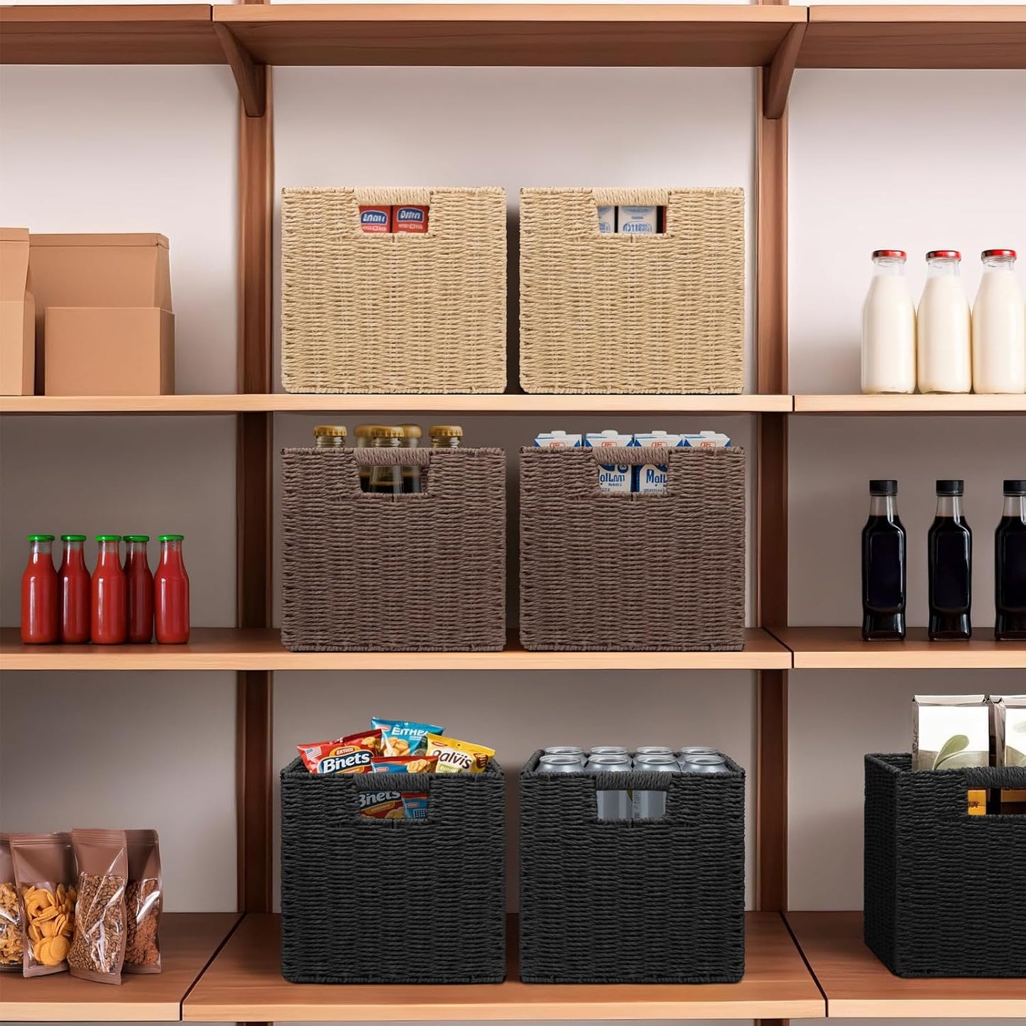 Wicker Storage Baskets for Organizing, 3 Pack Rustic Foldable Square Basket for Shelves, Handwoven Cubby Organizer Bins for Home Decor, Small Cube Storage Bin for Closet Organization (Black 11 inch)