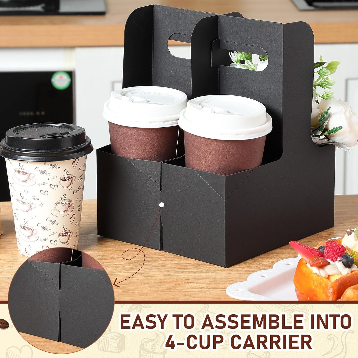 Kosiz 60 Pcs 2 Cups Drink Carrier with Handle 6.9 x 3.2 x 8.9 Inch Coffee Holder Paperboard Drink Caddy for Hot and Cold Beverage Takeout Cafe and Restaurant Xmas Wedding Food Delivery(Black)