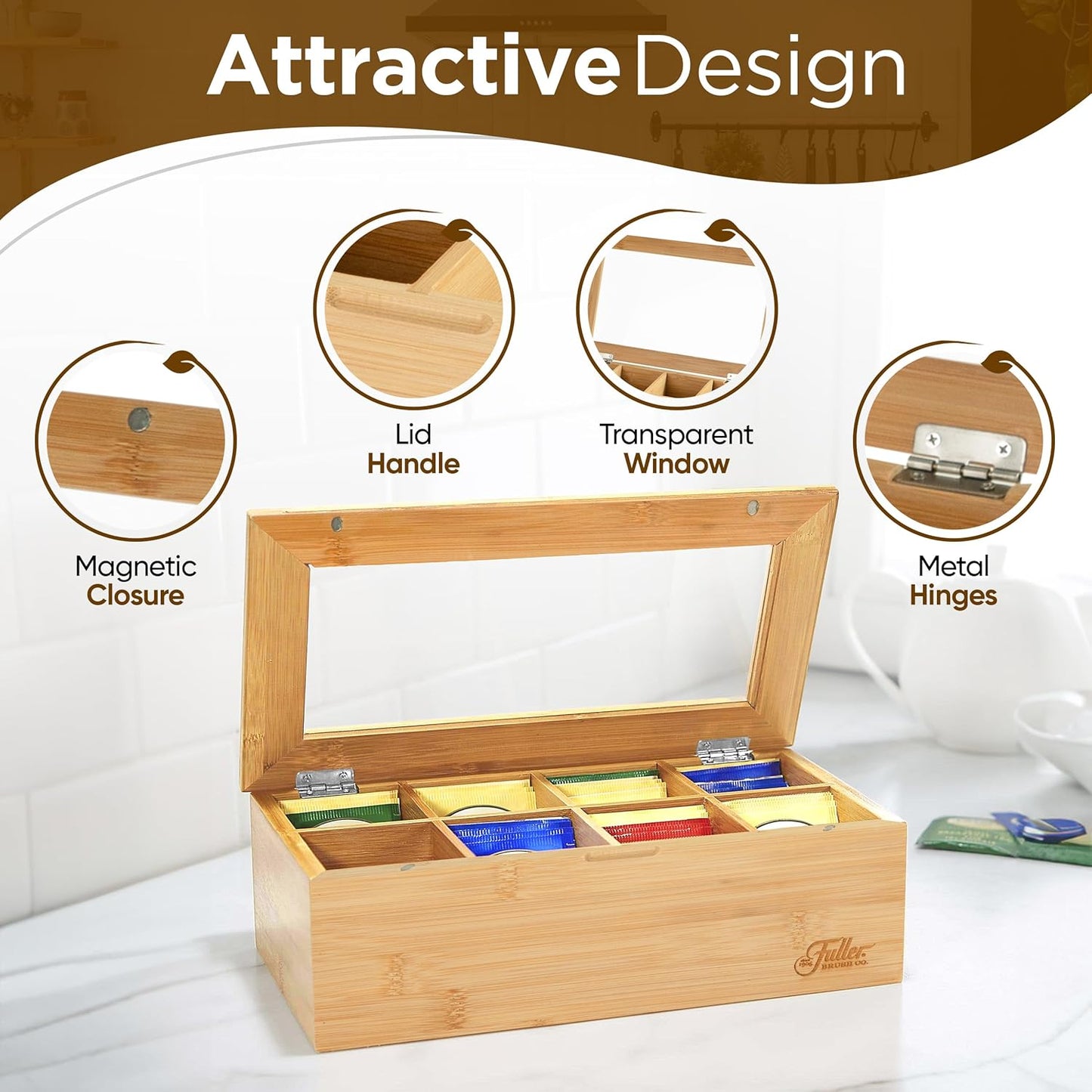 Fuller Bamboo Tea Box Organizer with 8 Compartments – Natural Bamboo Tea Storage Case with Clear Acrylic Lid – Elegant Fuller Tea Caddy for Tea Bags, Coffee Pods, Spices & More – Home & Office