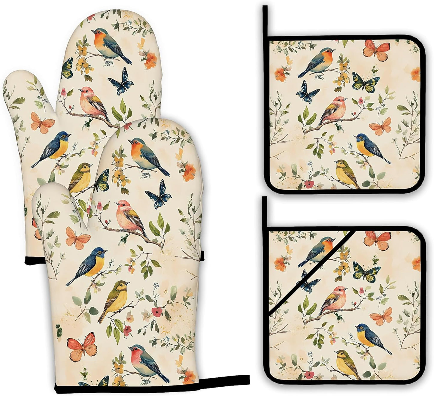Vintage Butterfly Bird Oven Mitts and Pot Holders Set,Floral Flower Kitchen Oven Gloves and Pot Holder with Heat Resistant Non Slip for Cooking Baking Grilling(4 Piece Set)