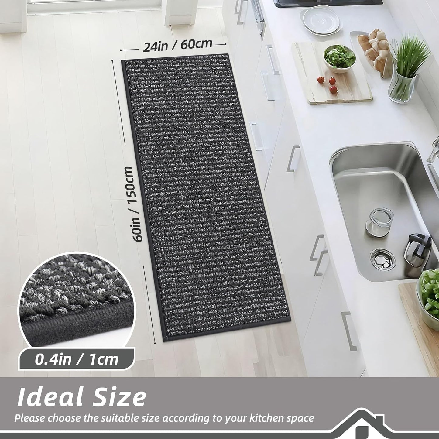 BEQHAUSE Kitchen Runner Rugs 24"x60", Non-Slip Kitchen Mats for Floor, Super Absorbent and Stain Resistant Kitchen Rug, Machine Washable Rugs for Kitchen, Hallway, Laundry & Sink, Charcoal