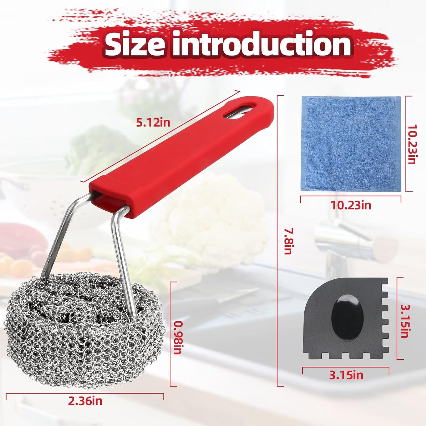 Cast Iron Chainmail Scrubber with Handle - Cleaner for Pans and Pots - Premium Stainless Steel/Silicone Scraper for Skillets - Ergonomic Food-Safe Design - Easy to Clean Cookware Dish Brush