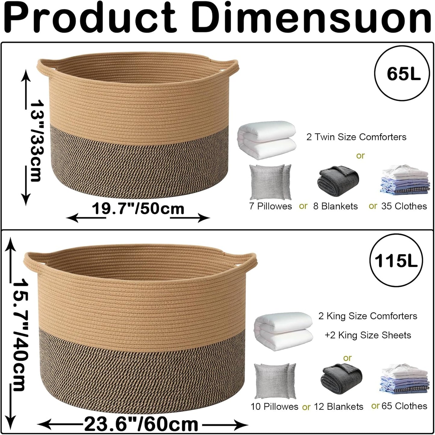 Large Blanket Basket for Organizing,65L Closet Organizers and Storage Bins Box for Shelves Woven Rope Storage Baskets,Living Room,Bedroom,Dorm,Laundry room (Jute&Black)