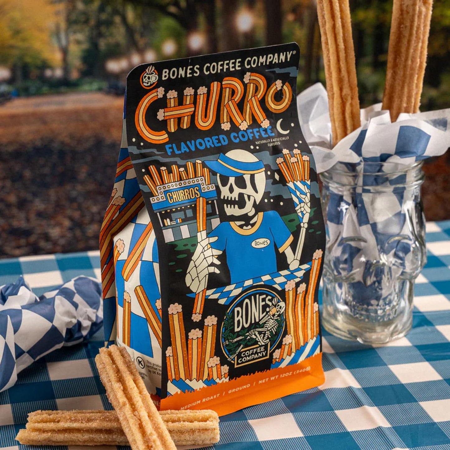 Bones Coffee Company Churro, Sweet Sugary Cinnamon Flavored Coffee, Medium Roast Low Acid Arabica Beans Compatible with Auto drip and French Press Coffee Maker, 12 Oz Ground