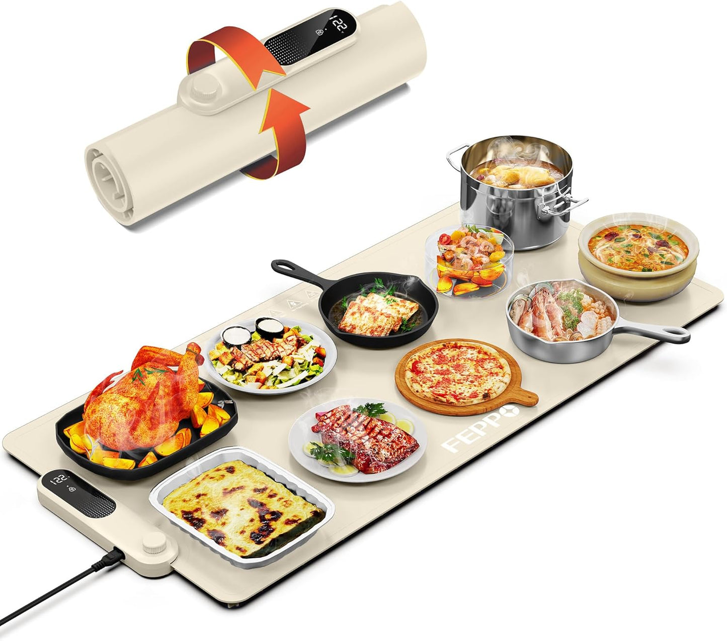 FEPPO Food Warming Mat, (XXL 35”x16”) Electric Warming Trays for Buffets Party, Fast Full-Surface Heating Mat for Food with 19 Level Adjustable Temperature and 6 Hours Timer, Roll Up Food Warmer
