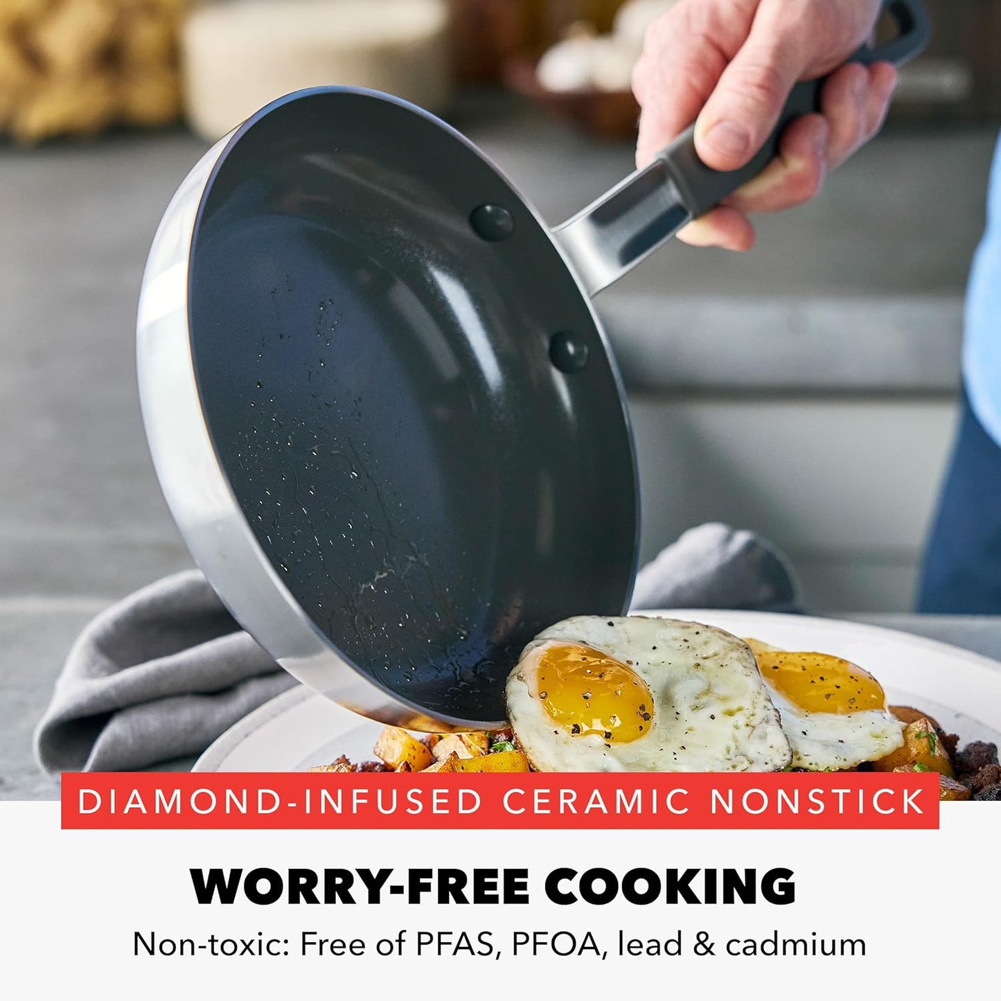 GreenPan x Bobby Flay Stainless Steel 12 Piece Cookware Pots and Pans Set and 8" Chef's Knife, Professional Grade Tri Ply, PFAS-Free Ceramic Nonstick, Induction Suitable, Dishwasher & Oven Safe