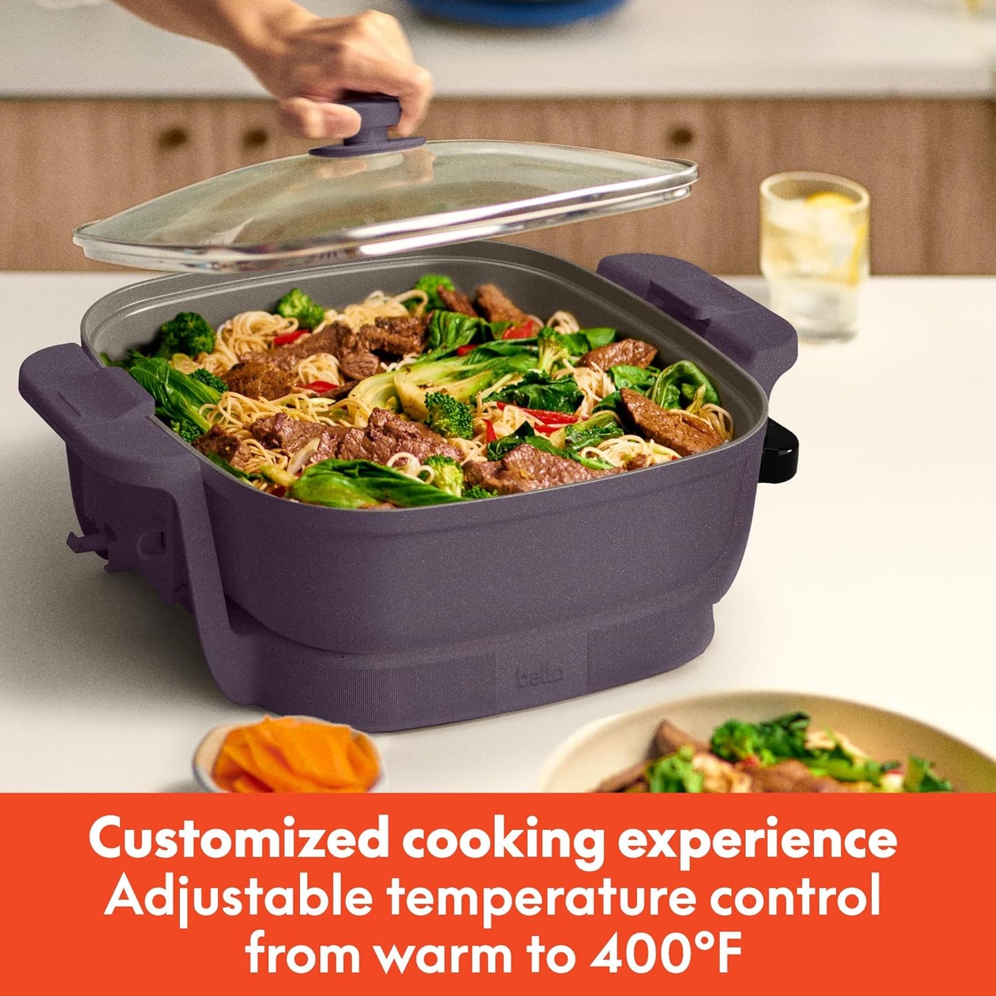 bella Make & Take Electric Skillet, Fits-anywhere™ kitchenware, EverGood™ Ceramic Coating, Adjustable Temperature & Dishwasher-Safe Tempered Glass Lid, Cast Aluminum Base, 1200 Watt, Plum