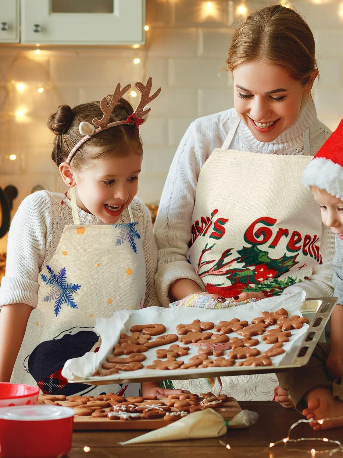 SATINIOR 4 Pcs Christmas Aprons Adjustable Kitchen Cooking Aprons Xmas Buffalo Plaid Merry Christmas BBQ Bib for Adults