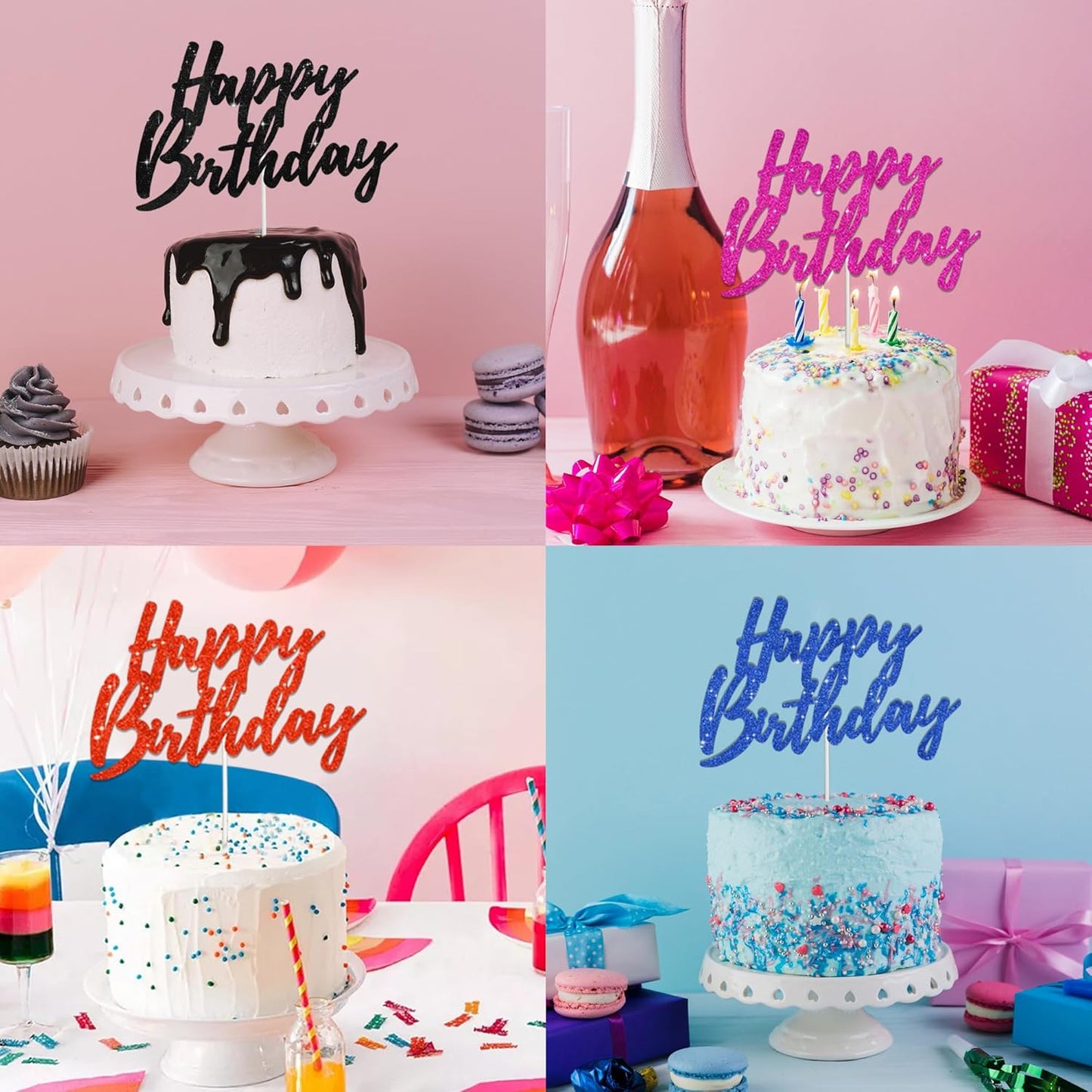 BEISHIDA Happy Birthday Cake Topper - Hot Pink Glitter Birthday Cake Decoration for Girl's Women's Birthday 18th 30th 40th Birthday Cake Topper Birthday Party Photo Booth Props