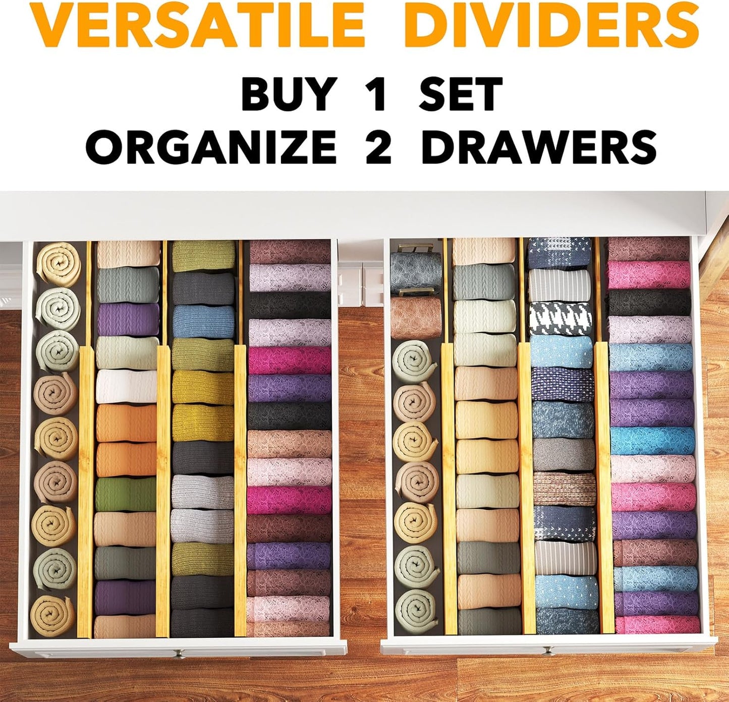 SpaceAid Bamboo Dresser Drawer Dividers 6 Pack, 4.65“ High Adjustable 17“-22” Drawer Organizers, Expandable Organization for Clothing, Clothes, Dressers, Natural