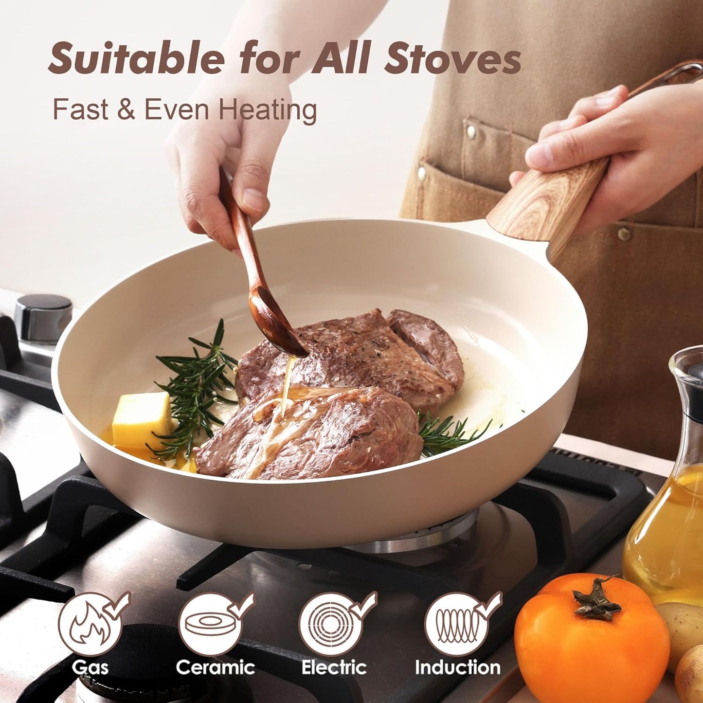 SENSARTE Ceramic Nonstick Frying Pan Small Skillet 8Inch Non Stick Omelette Pans, Non-toxic Healthy Kitchen Cooking Chef's Pan, Free of Intentionally Added PFOA/PFAS/PTFE, Induction Compatible, Taupe