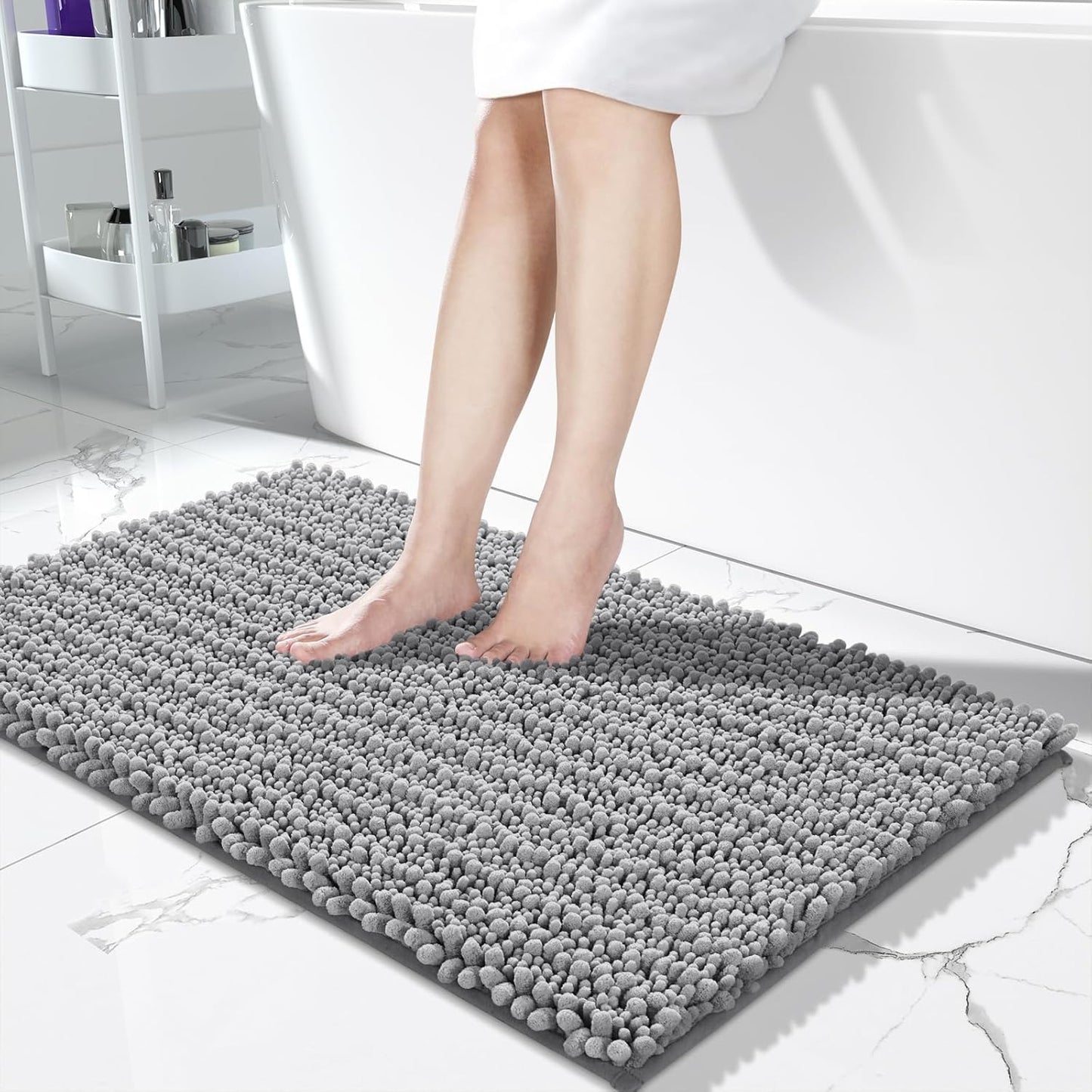 Yimobra Long Bathroom Rugs Non Slip Washable 44x24 Inch - Ultra Soft Absorbent Chenille Bath Mat, Quick Dry Shaggy Floor Carpet for Tub Shower, Gray Home Decor Accessories