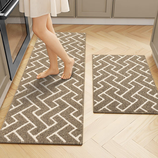 hicorfe Kitchen Rugs and Mats Sets,Non-Slip 2 Pieces Absorbent 100% Polypropylene Rug,Comfort Kitchen Runner Mat,Washable for Kitchen,Sink,Laundry(20" x 31.5" Plus 20" x 48",Beige)