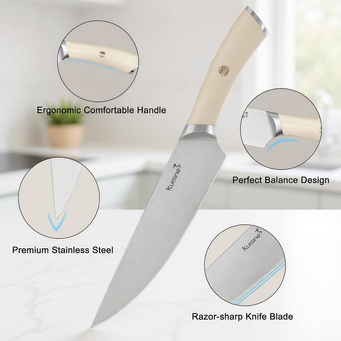 KUISINE Knife Set High Carbon Stainless Steel Super Sharp Blade Ergonomic Rivet Handle,Knife Block Set with Built-in Sharpener(Ivory Acacia Pro 15PCS)