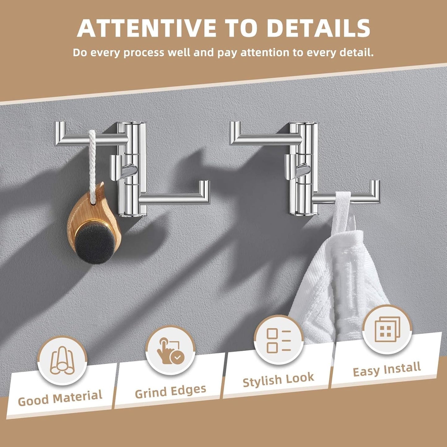 Suyar Swivel Towel Hook Polished Chrome, SUS 304 Stainless Steel Robe Holder for Bathroom with 3 Arms, 2 Pack