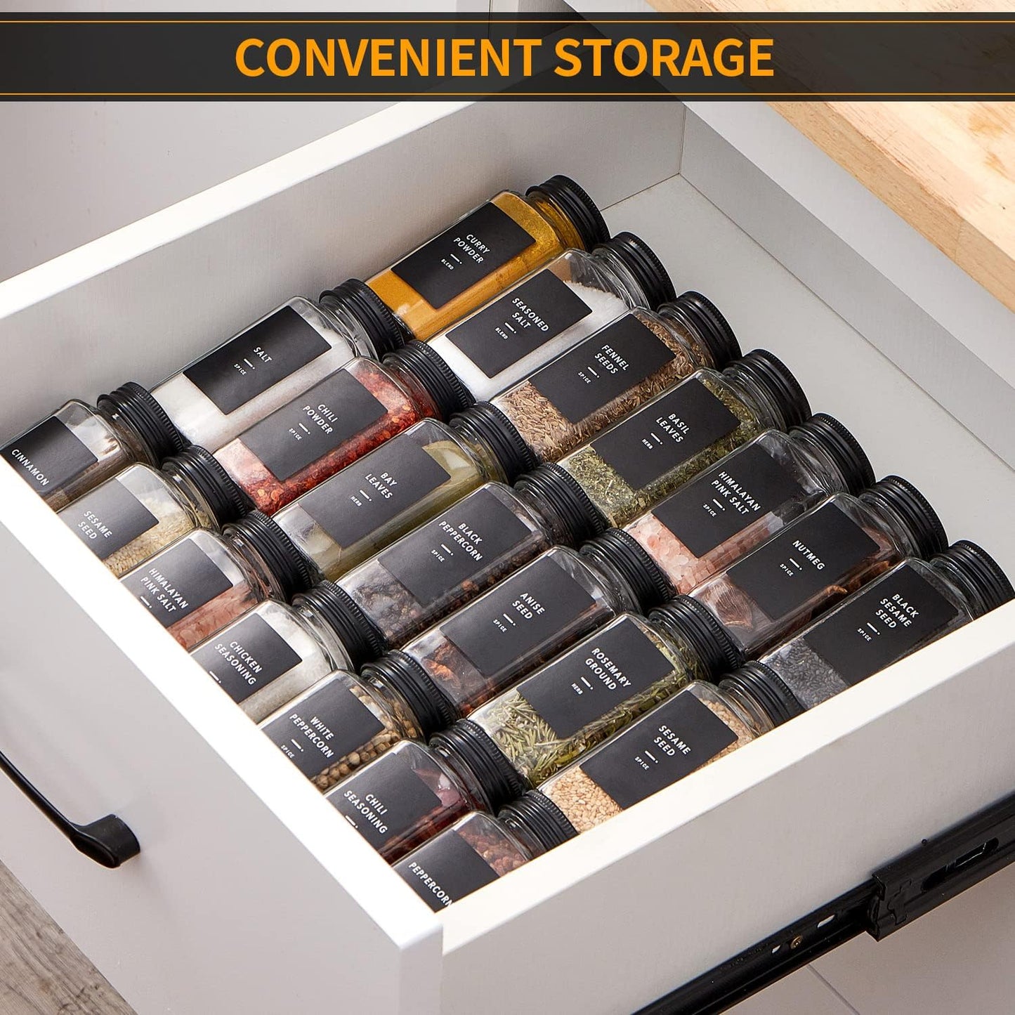 48 Pcs Spice Jars with Label- Glass Spice Jars with Black Metal Caps,Shaker Lids, Funnel, Chalk Pen, Brush,Cleaning Cloth 4oz Seasoning Containers Bottles for Spice Rack, Cabinet, Drawer