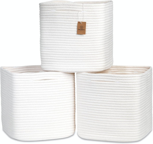 NaturalCozy 13 Inch Cube Storage Bins Cotton Rope Woven Baskets for Organizing 3-Pack | 13 x 13 Storage Cubes | Fabric Square Storage Baskets for Shelves Organizer, Kids Toy Bins, Closet Baby Nursery