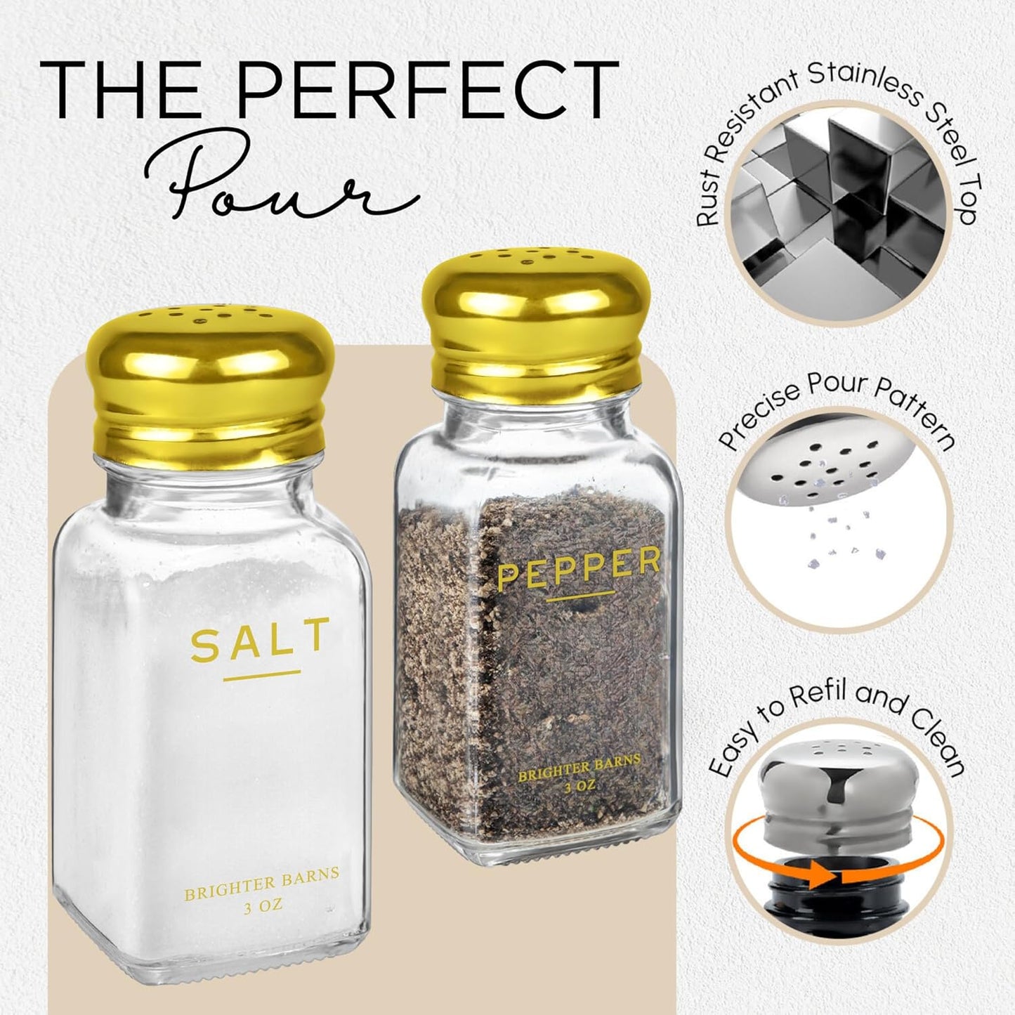 Gold Salt and Pepper Shakers Set with Holder by Brighter Barns - Luxury Kitchen Decor & Accessories - Modern Glass Shakers with Stand & Stainless Steel Lids for Neutral Home, Restaurants (Clear/Gold)