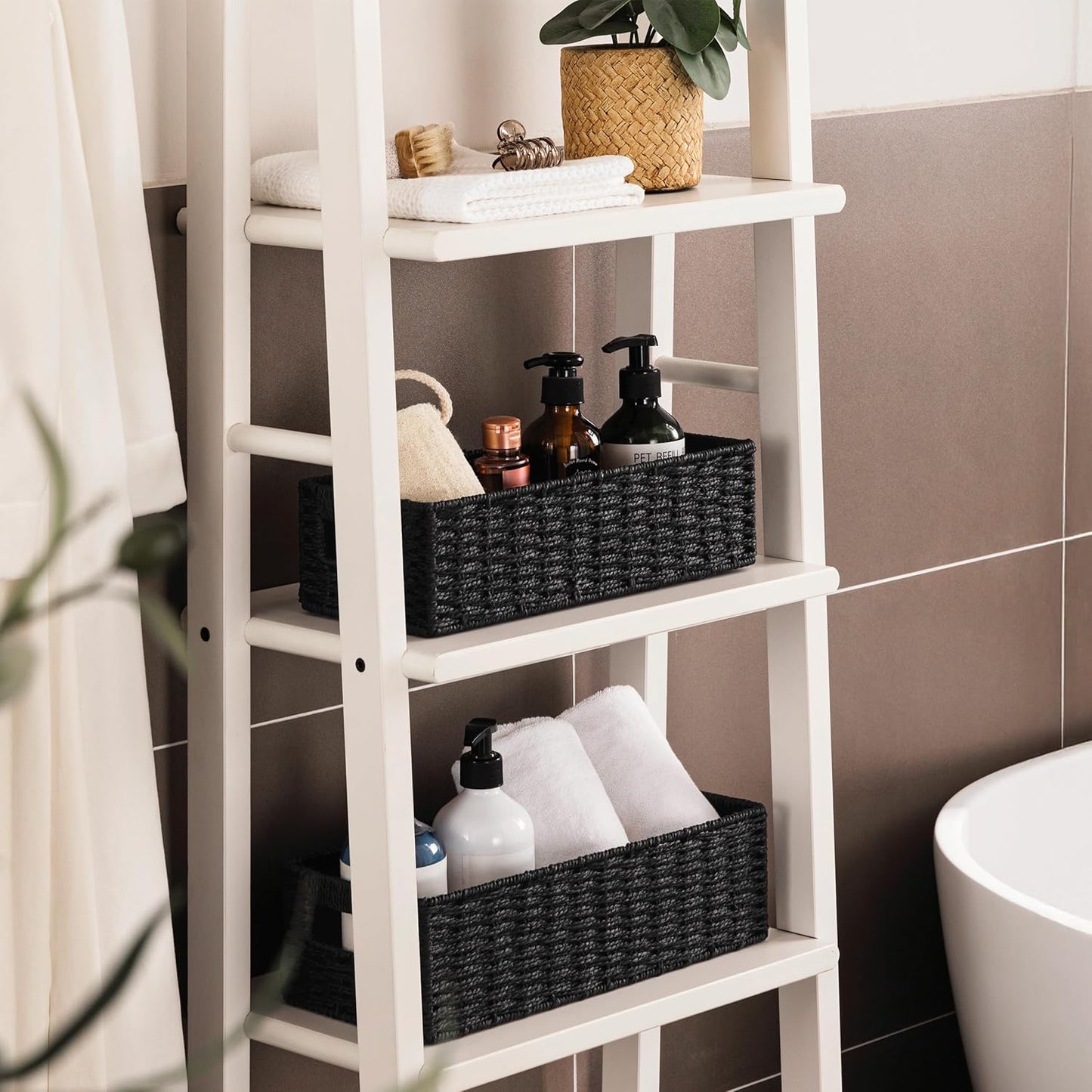 UBBCARE Toilet Tank Basket for Bathroom, Hand Woven Paper Wicker Basket for Organizing, Countertop Decorative Storage Basket with Handles, 2-Pack, Black