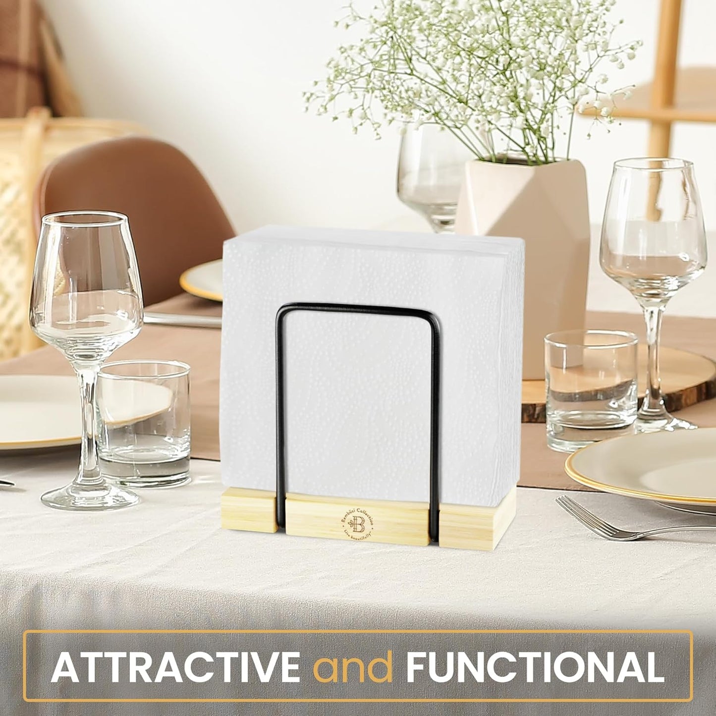 Napkin Holder for Table - Bamboo and Iron Standing Napkin Dispenser, Non-Slip Paper Napkin Holder for Kitchen, Farmhouse, Dining Table, Restaurant, Outdoor Use - Rustic Elegant Design (Black/Natural)