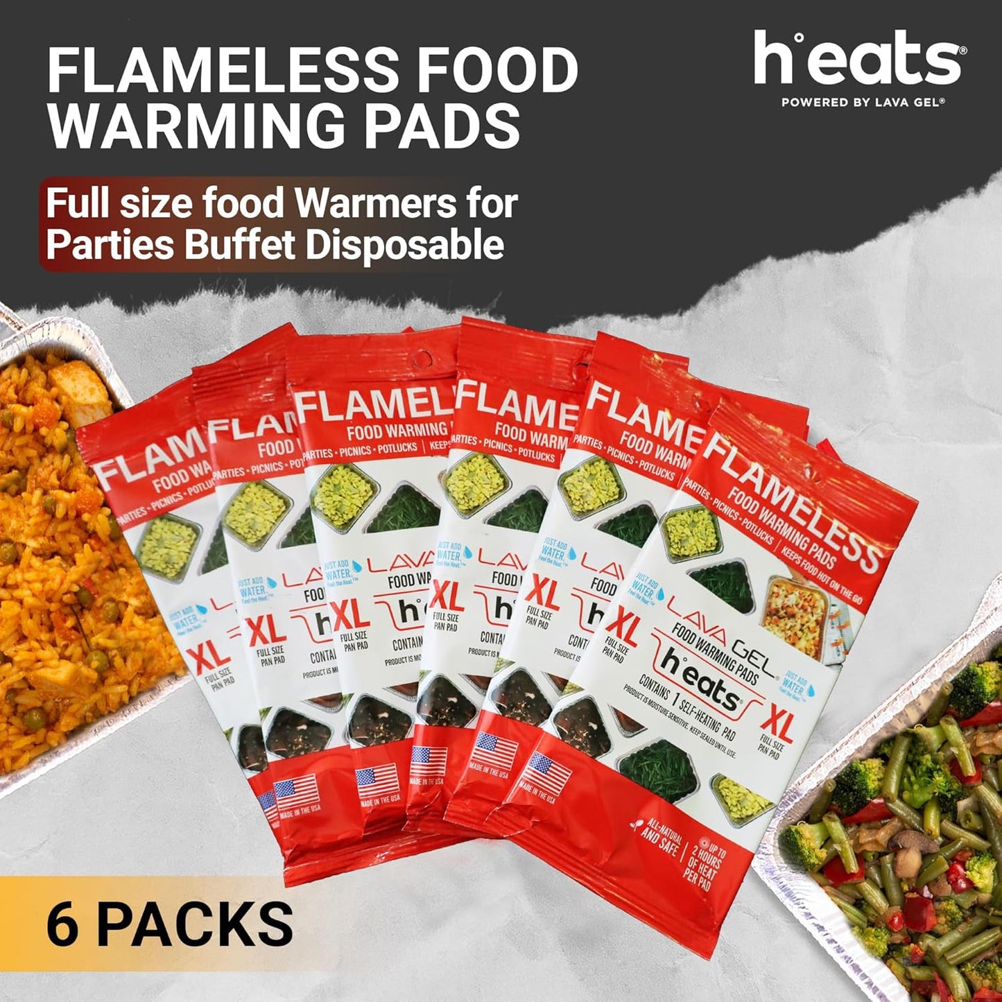 Flameless Food Warming Pads (6 Pack) - Food Warmers for Parties Buffet Disposable - Party Buffet Servers and Warmers for Full Size Pans - Heating Pads for Chafing Dish- Must-Have Catering Supplies