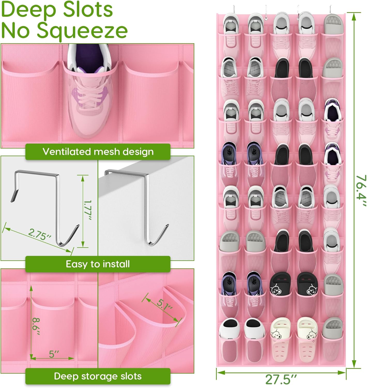 Unjumbly Over the Door Shoe Organizer with 40 Large Breathable Mesh Pockets, Space Saving Shoe Holder, Hanging Shoe Rack for Entryway Bedroom Closet Storage (Pink, 40 Pockets)
