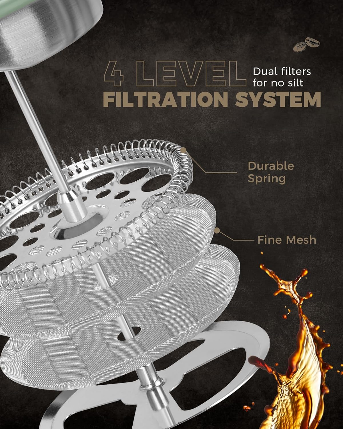 POLIVIAR French Press Coffee Maker, 34 oz Coffee Press with Real Wood Handle, Double Wall Insulation & Dual-Filter Screen, Food Grade Stainless Steel for Good Coffe and Tea (Flatland)