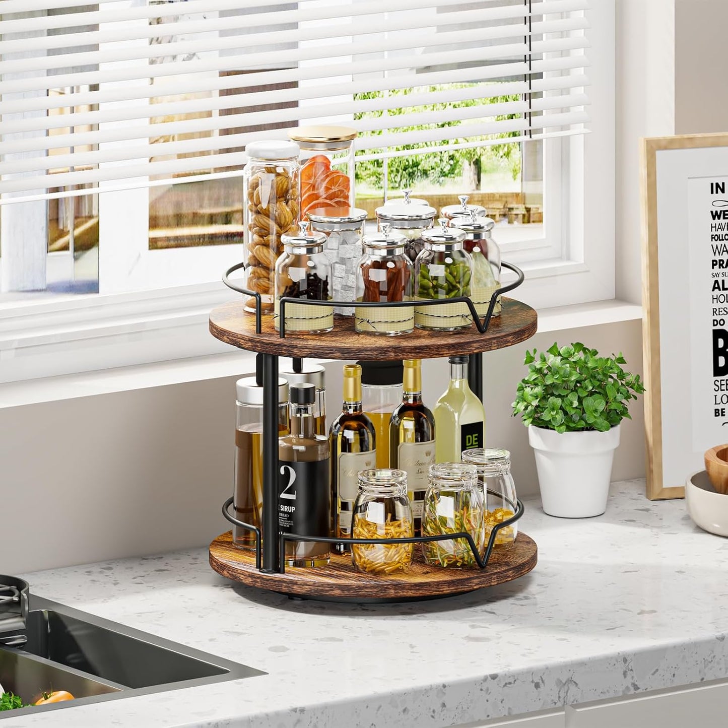 KLM 12" Wood Lazy Susan, Rotating Spice Rack, 2 Tier Spice Turntable Organizer, Industrial Turntable Spice Holder, for Kitchen Countertop and Cabinet, Compact and Versatile, Rustic Brown
