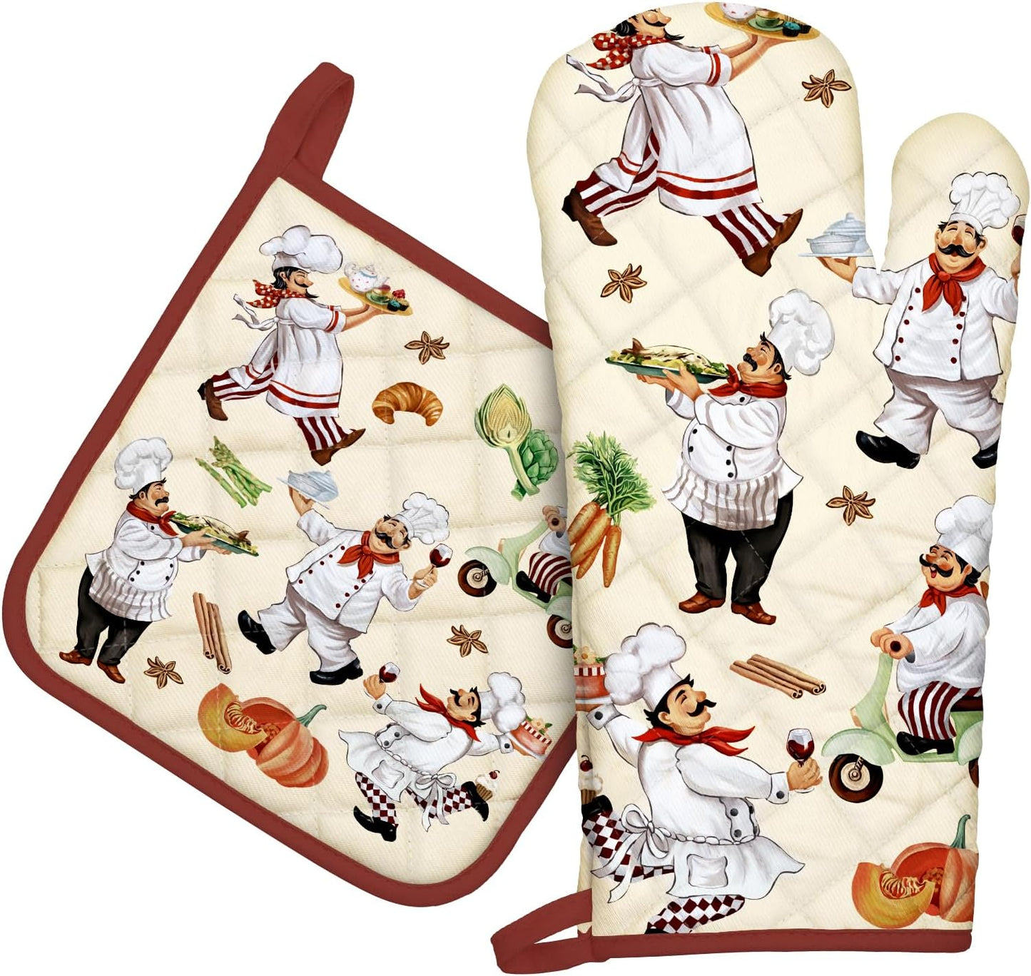 Chef Oven Mitts and Pot Holders Sets 2Pcs, 100% Cotton Heat Resistant, Extra Long Oven Gloves Potholder for Kitchen Cooking Baking Decoration
