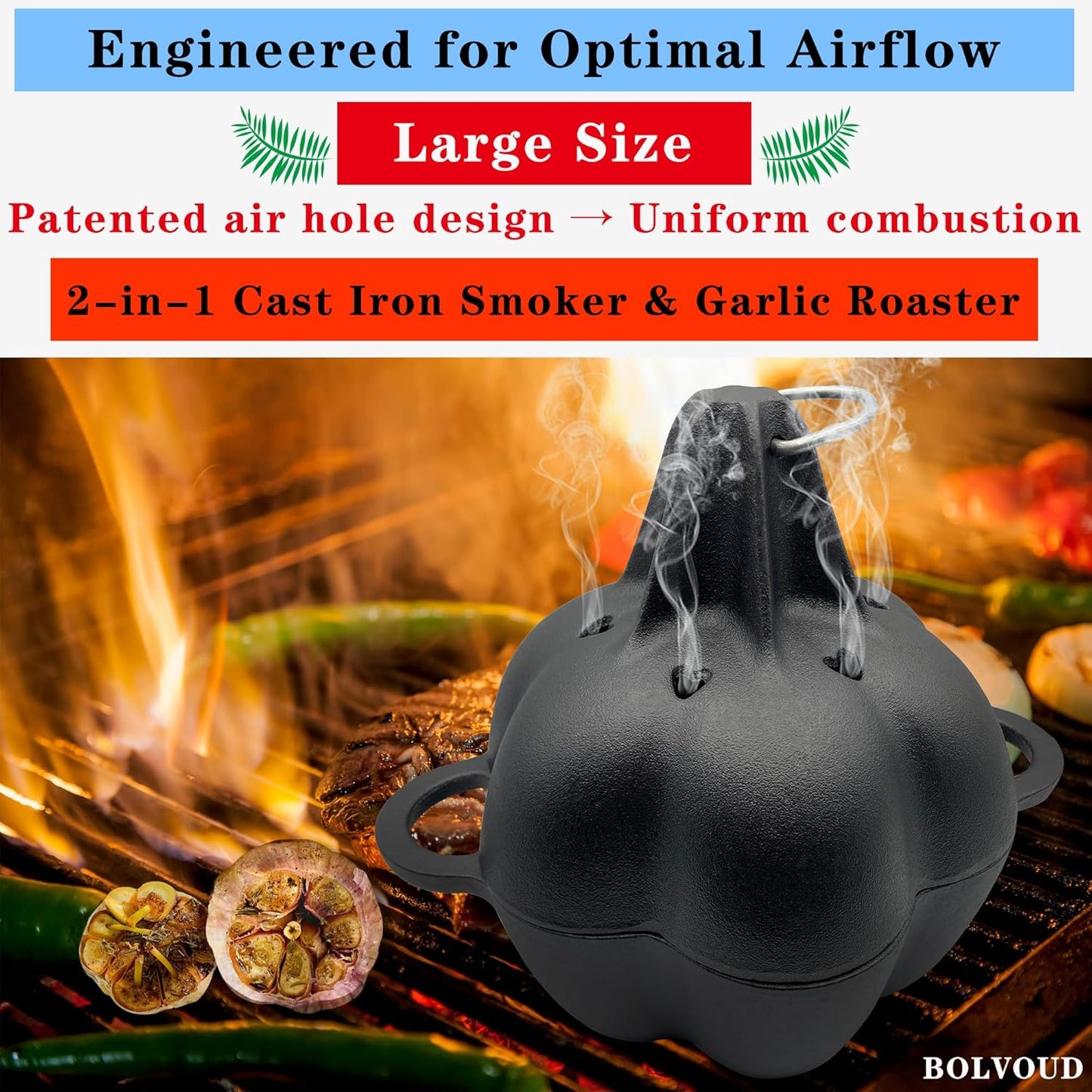 Large Cast Iron Smoker Roaster & Garlic Roster Baker, Smoker Box, Pre-Seasoned Cast Iron Garlic Roaster for Grill, Perfect for BBQ and Oven, for Smoky, Flavorful Vegetables, Meats Wood Chips