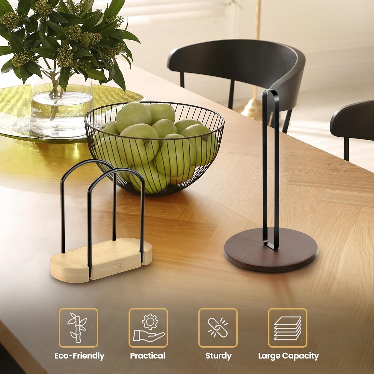 Napkin Holder for Table - Bamboo and Black Iron Standing Napkin Dispenser, Non-Slip Paper Napkin Holder for Kitchen, Farmhouse, Dining Table, Restaurant, Outdoor Use - Rustic and Elegant Design