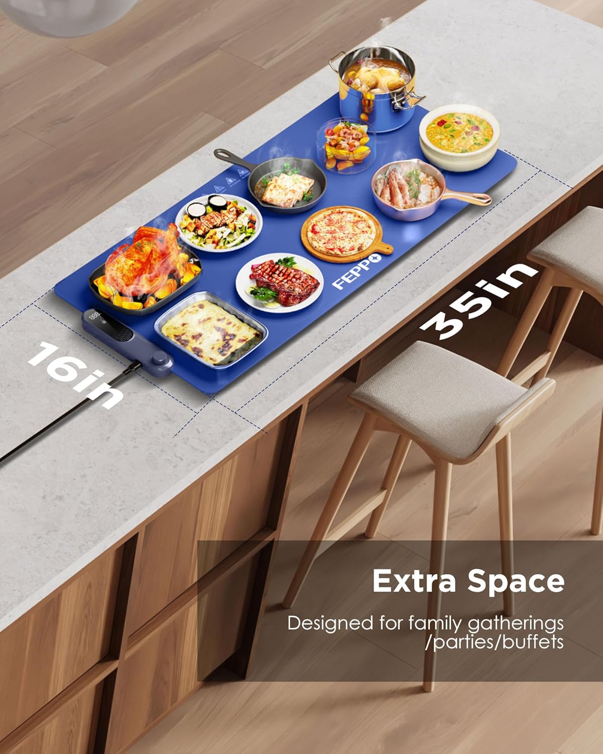 FEPPO Food Warming Mat, (XXL 35”x16”) Electric Warming Trays for Buffets Party, Fast Full-Surface Heating Mat for Food with 19 Level Adjustable Temperature and 6 Hours Timer, Roll Up Food Warmer