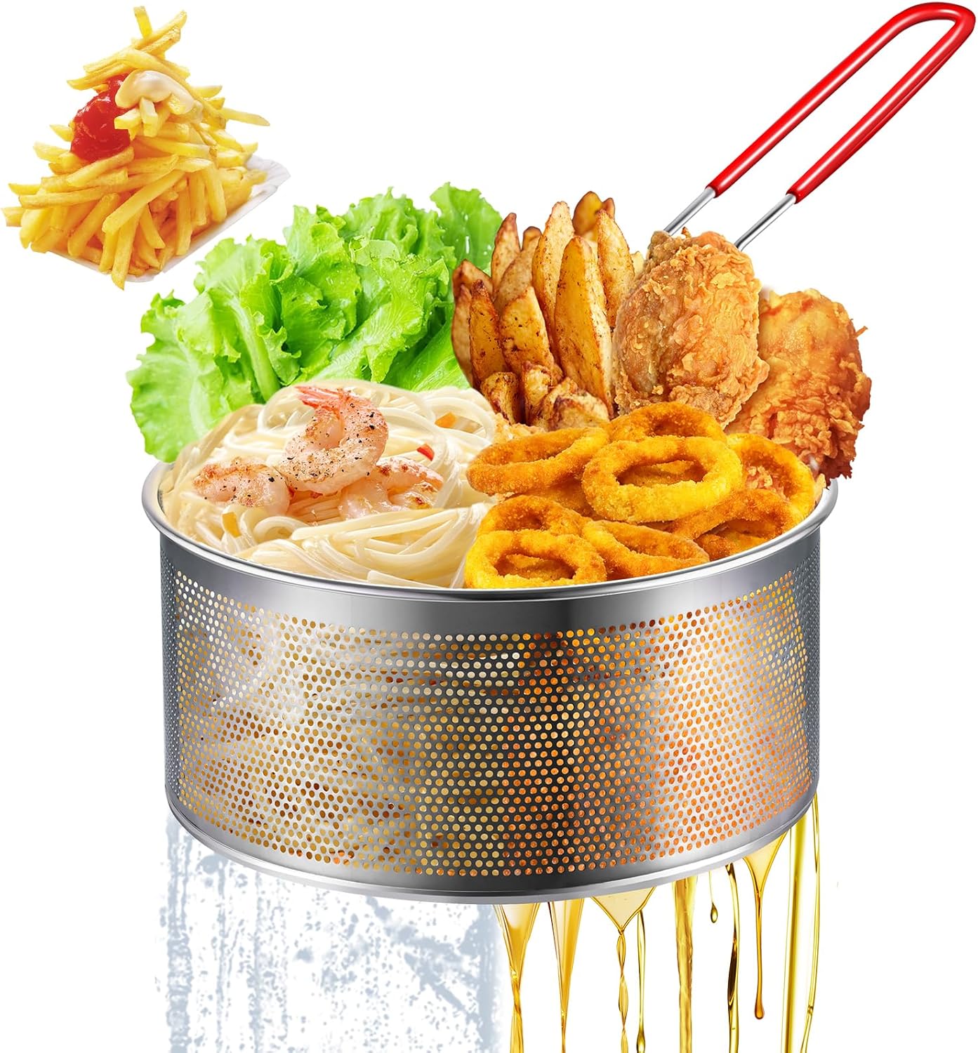 Deep Fryer Basket, 7.8''x4'' Fry Only, Round Stainless Steel Frying Baskets with Heat Resistant Silicone Handle, for Kitchen Cooking Strainer Colander, Serving Food, Ideal for Gift, 3-Quart
